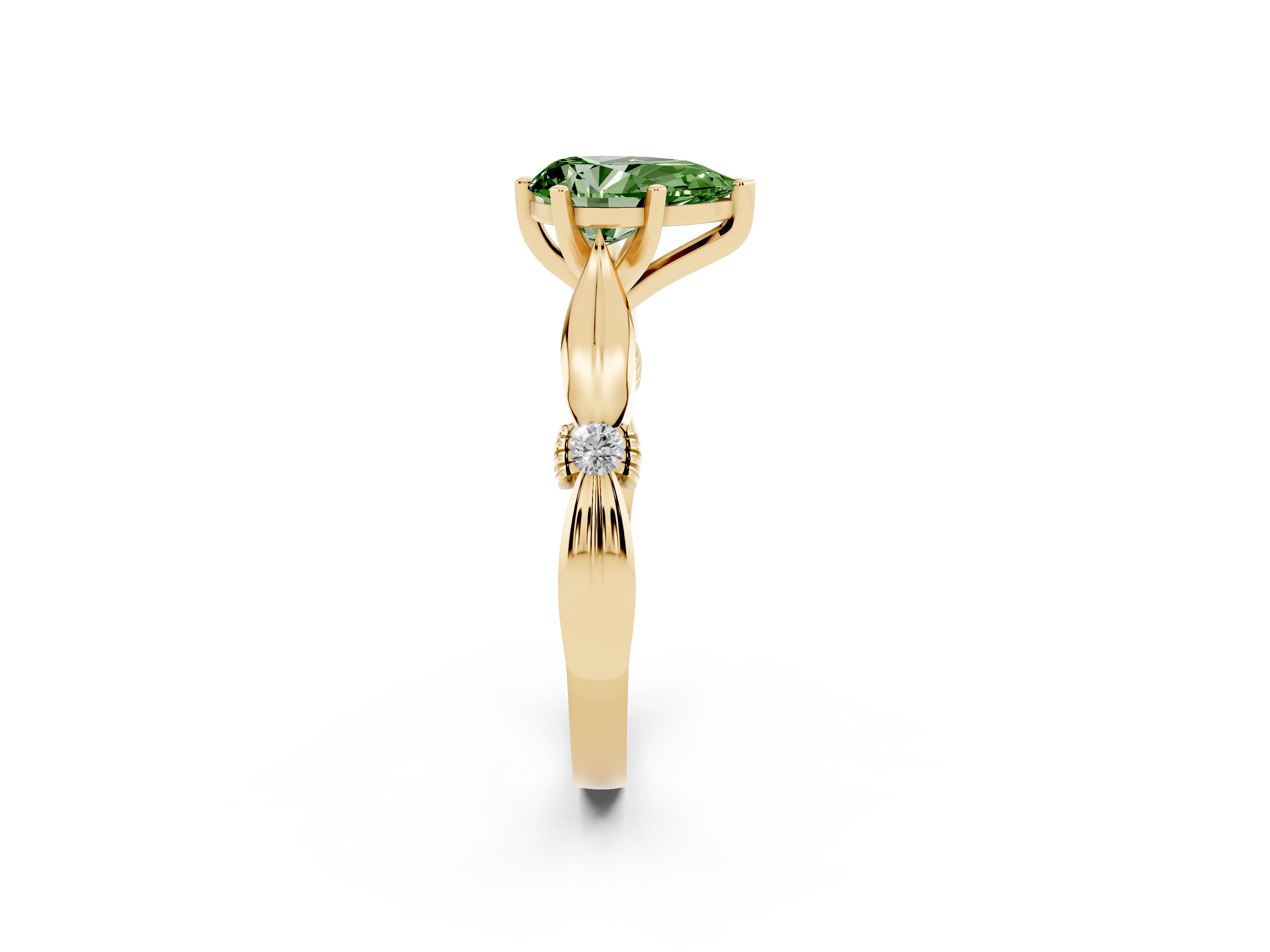 Fancy Green Pear Cut Diamond Solitaire Twisted Band Ring Set in Yellow gold with Accent Stones and Prong Setting