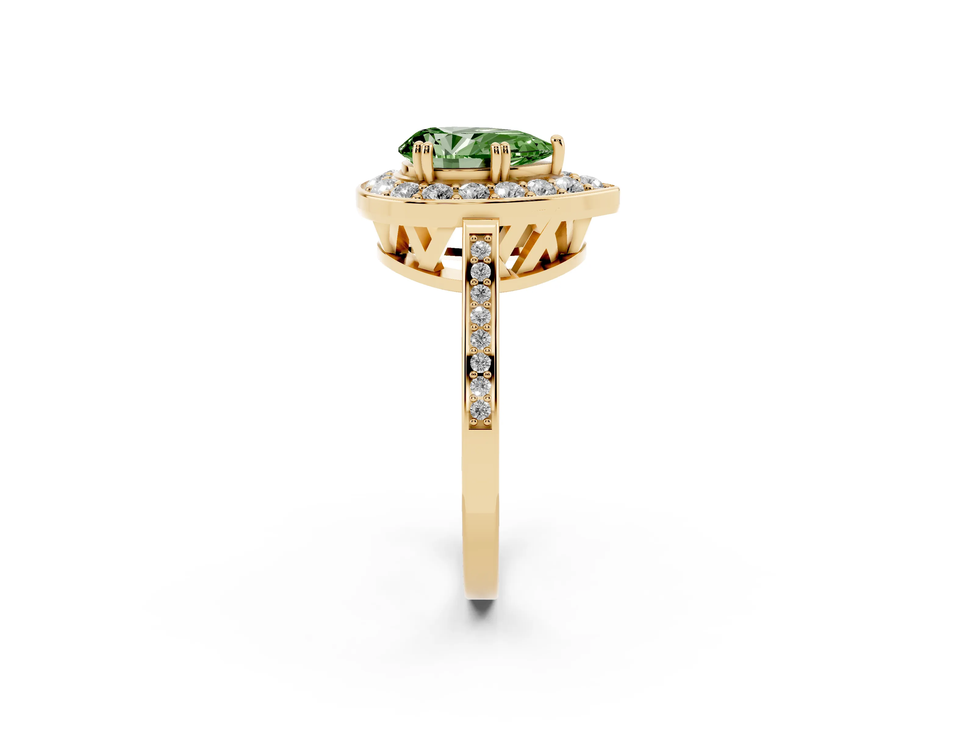 Fancy Green Pear Cut Diamond Halo Ring Set in Yellow gold with Accent-Lined Split Shank and Prong Setting