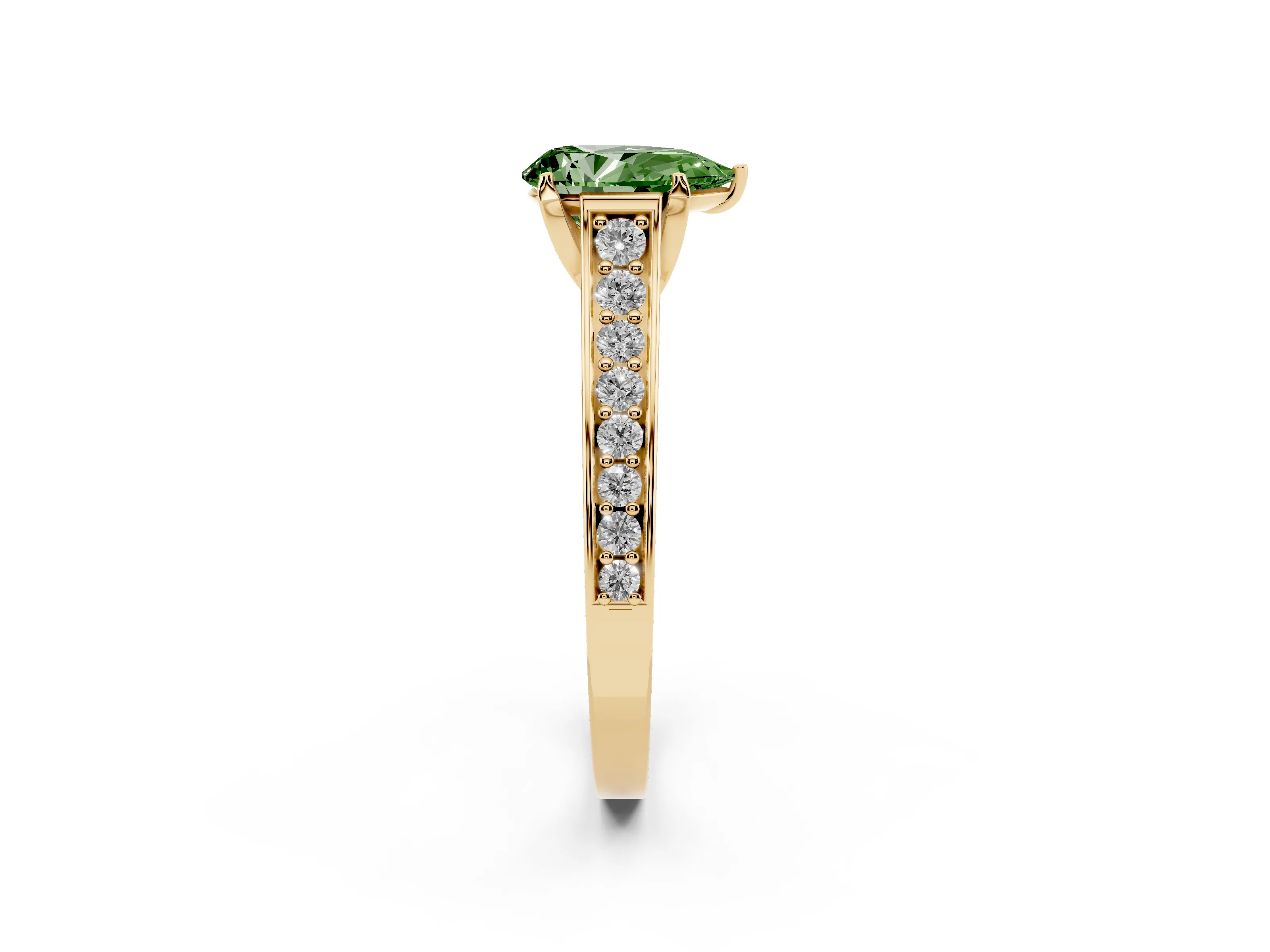 Fancy Green Pear Cut Diamond Solitaire Pavé Engagement Ring Set in Yellow gold with Prong Setting