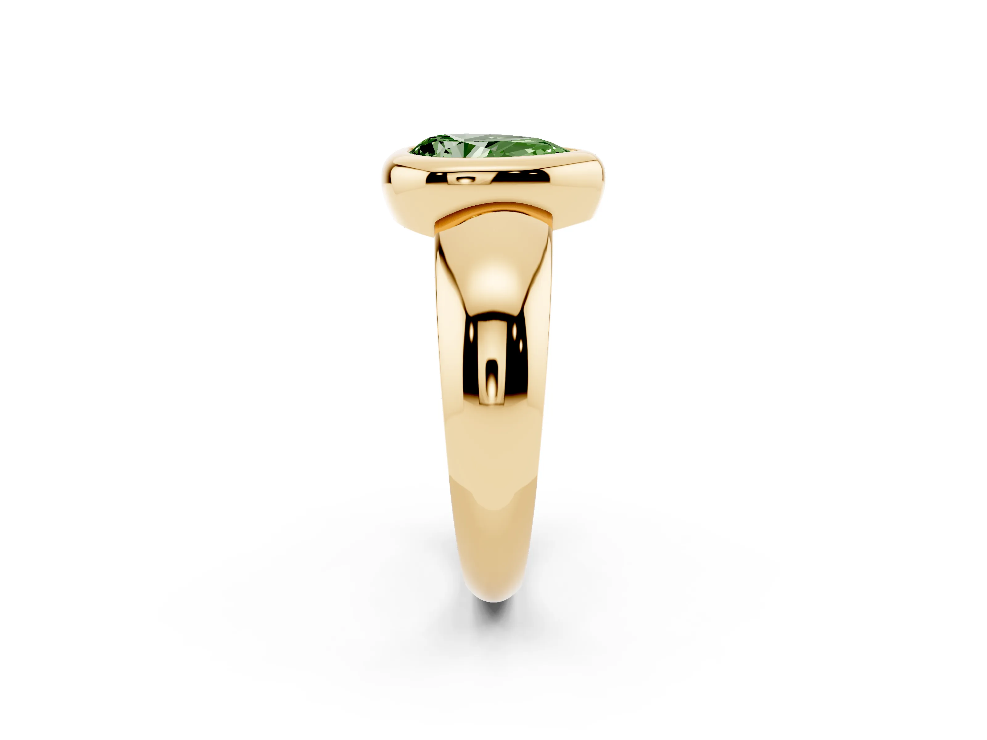 Fancy Green Bezel Set Pear Cut Diamond Solitaire Ring Set in Yellow gold with Wide Band