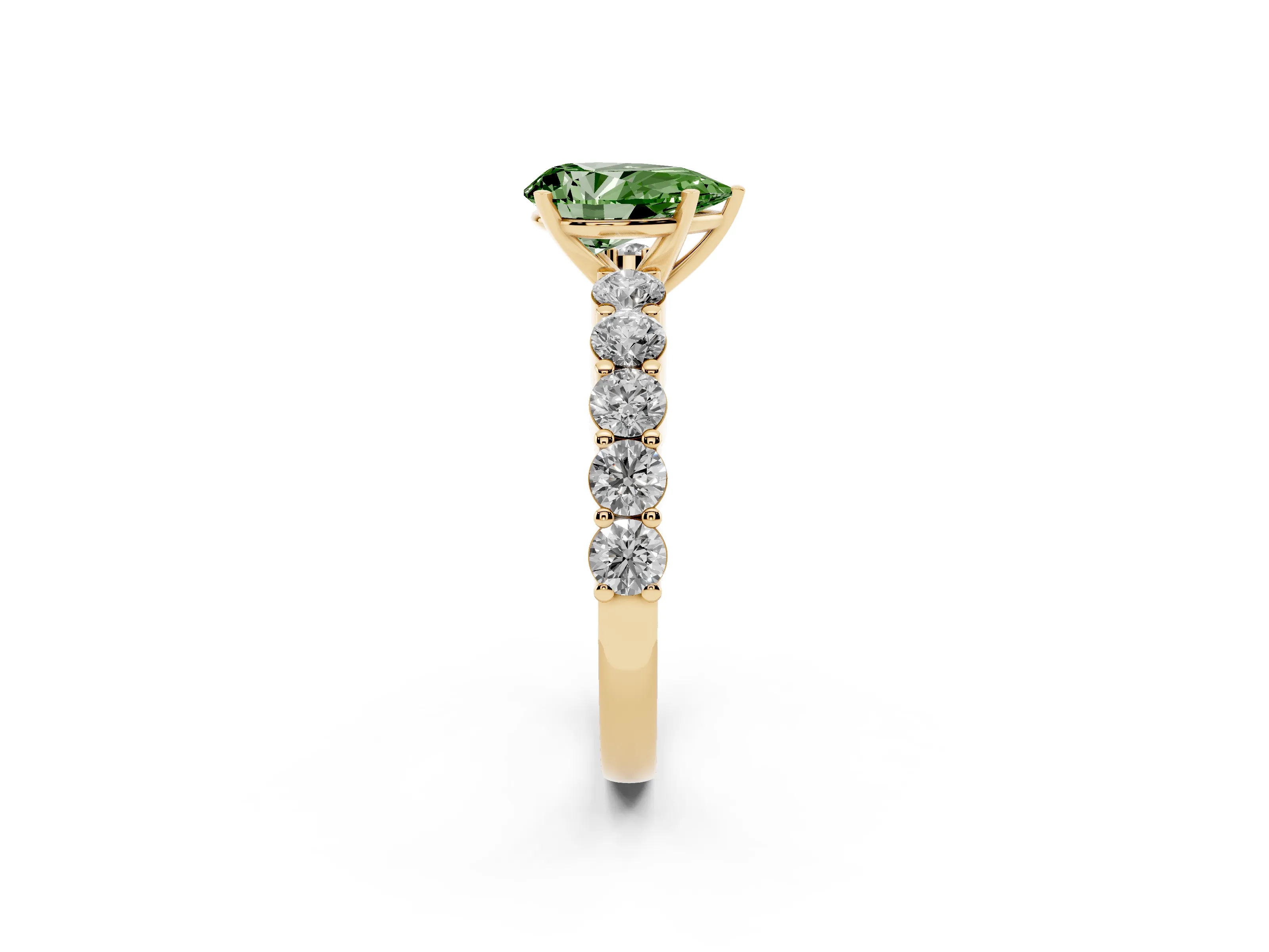 Fancy Green Pear Cut Diamond Solitaire Ring Set in Yellow gold with Shared Prong Round Side Stones