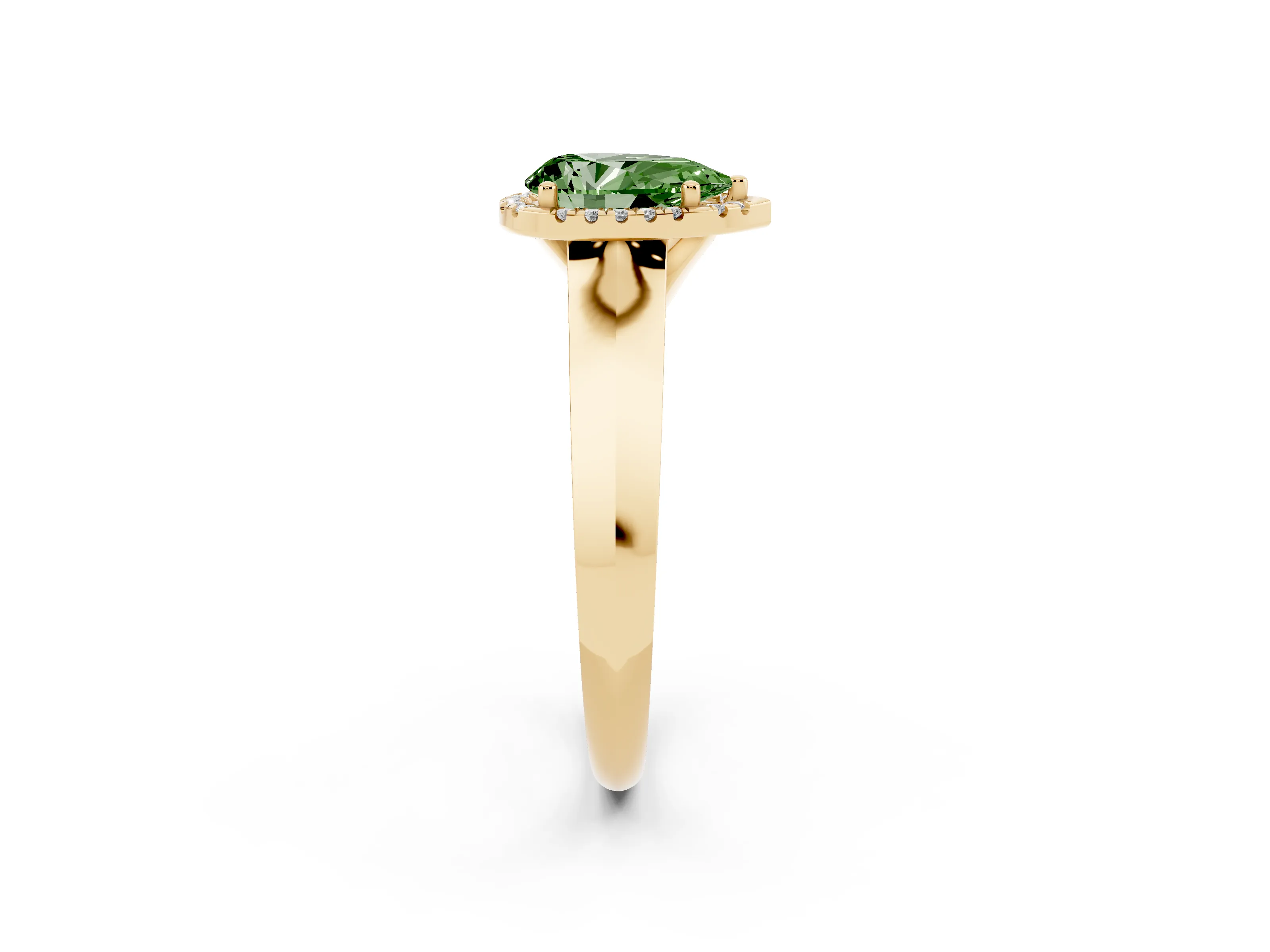 Fancy Green Pear Cut Diamond Halo Ring Set in Yellow gold with Cathedral Band and Prong Setting