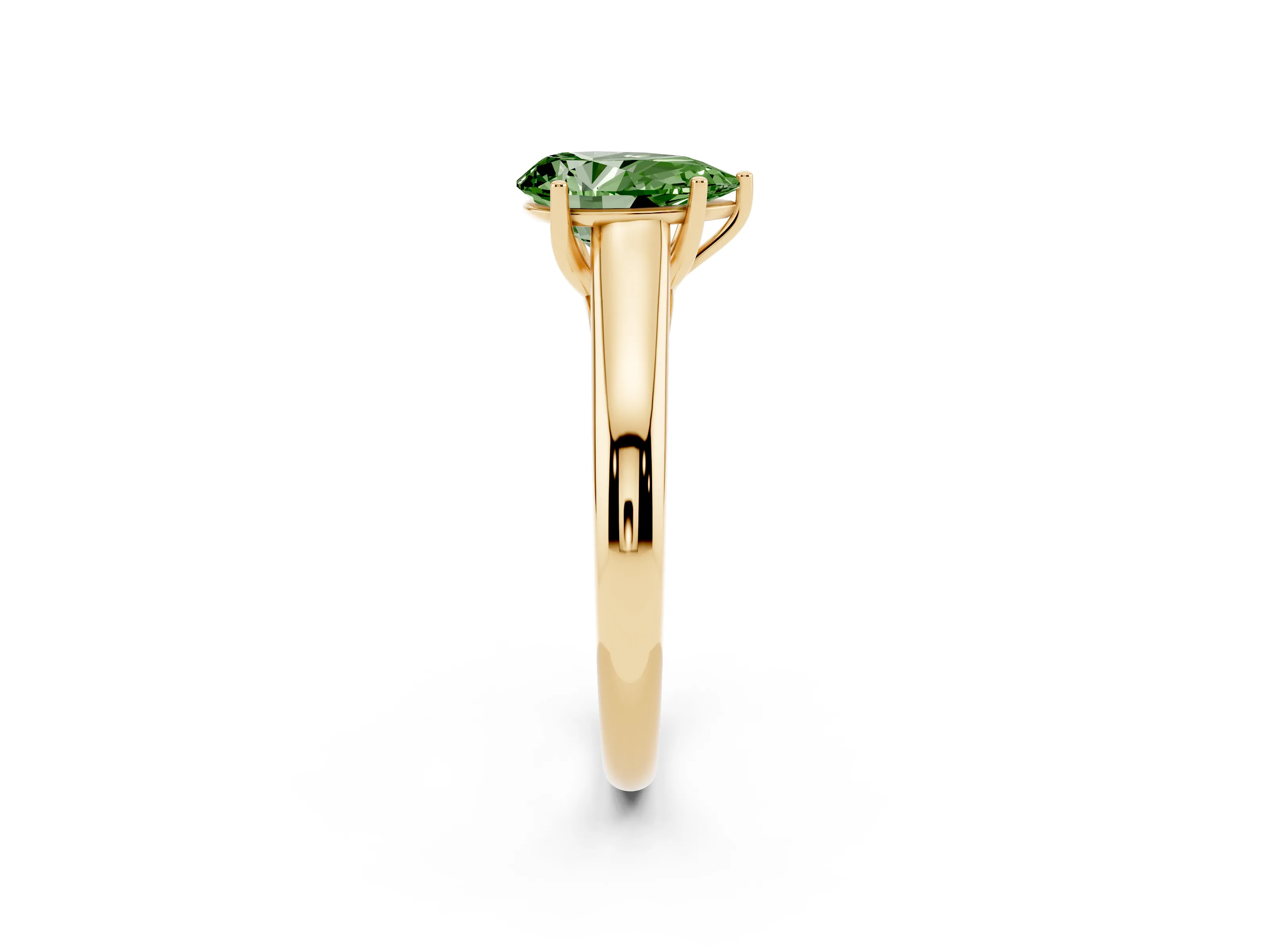 Fancy Green Pear Cut Diamond Solitaire Engagement Ring Set in Yellow gold with Subtly Tapered Band and Prong Setting