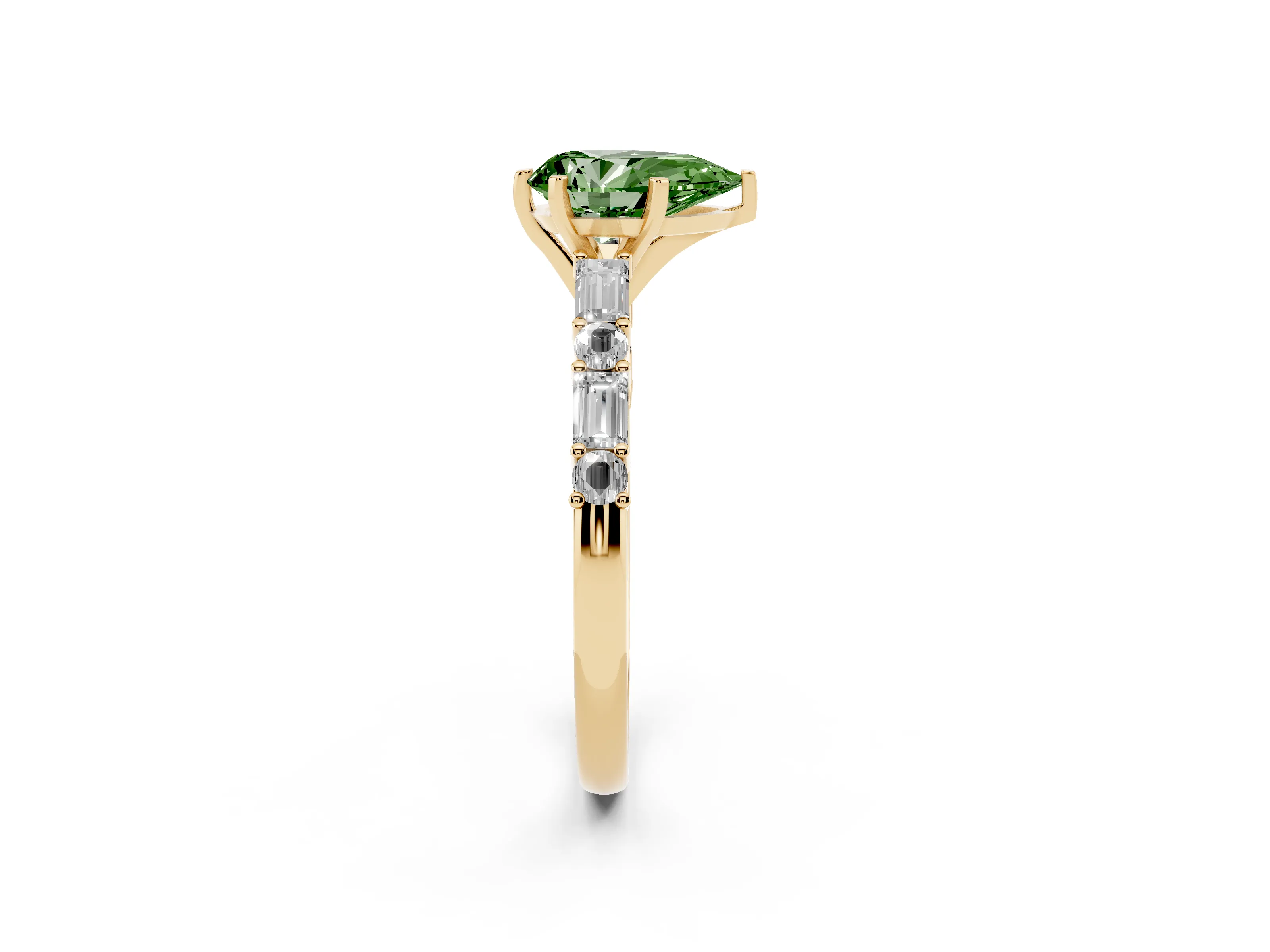 Fancy Green Pear Cut Diamond Solitaire Set in Yellow gold with Side Baguettes and Channel Set Band