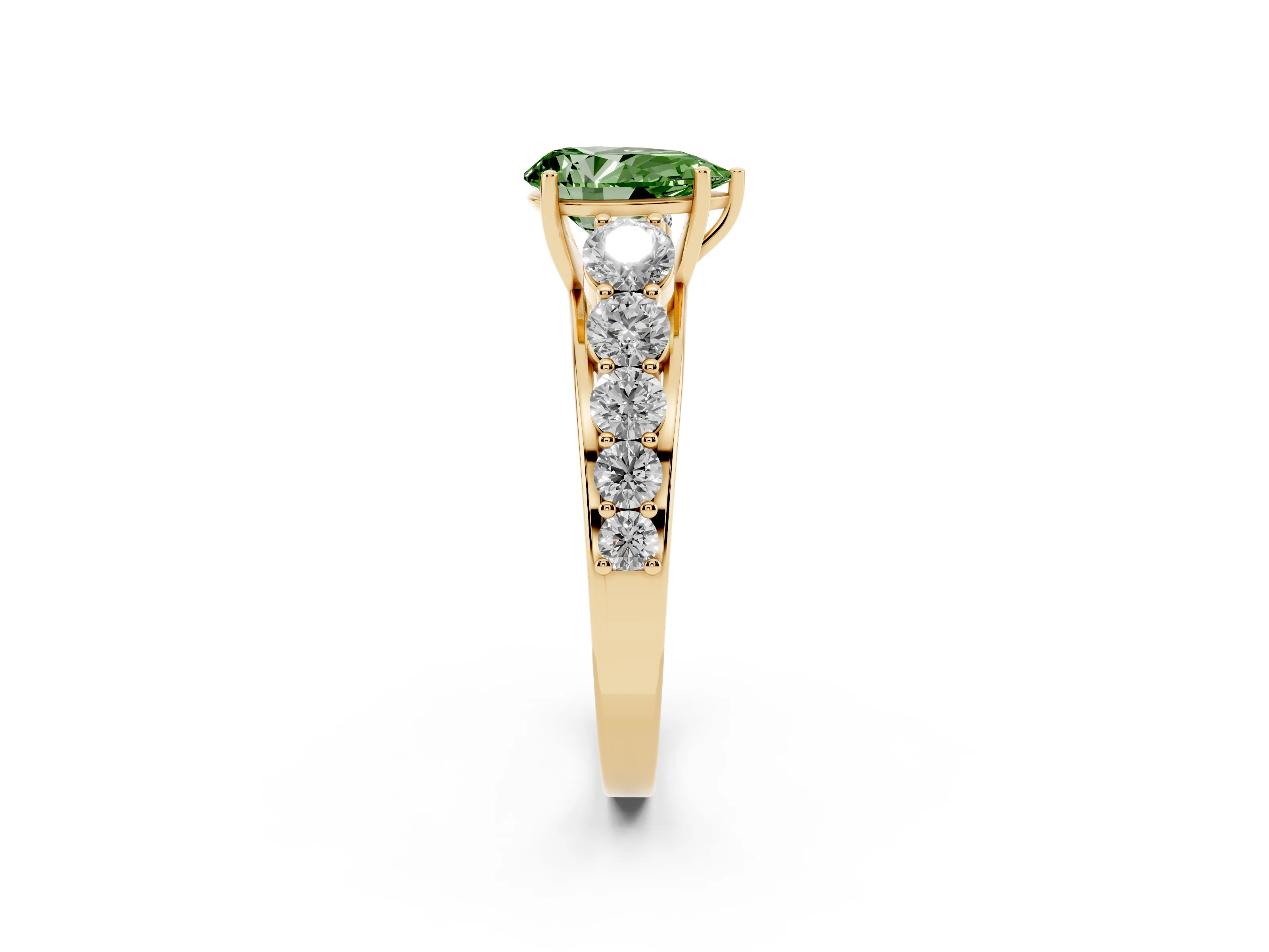 Fancy Green Pear Cut Diamond Solitaire Ring Set in Yellow gold with Pavé-Set Band and Prong Setting