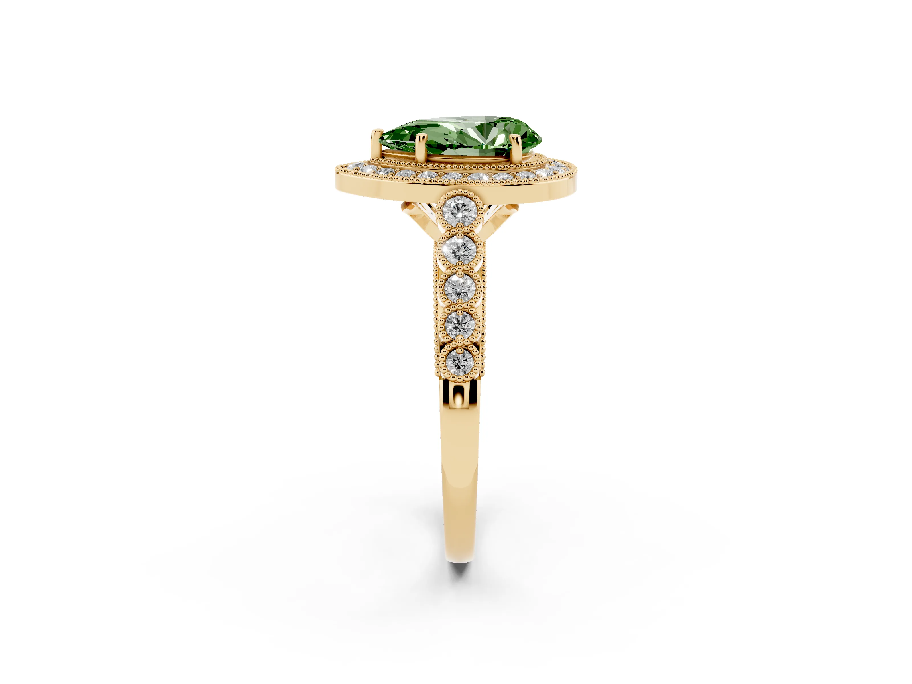 Fancy Green Pear Cut Diamond Milgrain Halo Solitaire Ring Set in Yellow gold with Bezel Set Side Stones and Pavé Band