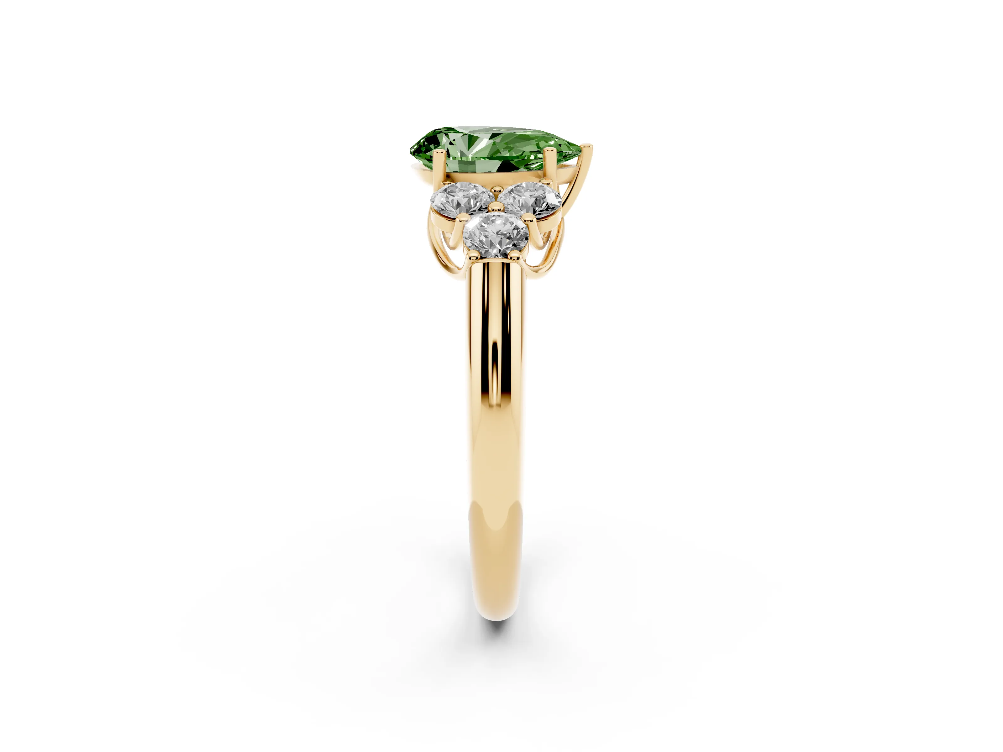 Fancy Green Pear Cut Diamond Cluster Ring Set in Yellow gold with Round Accent Stones and Prong Setting on a Plain Band