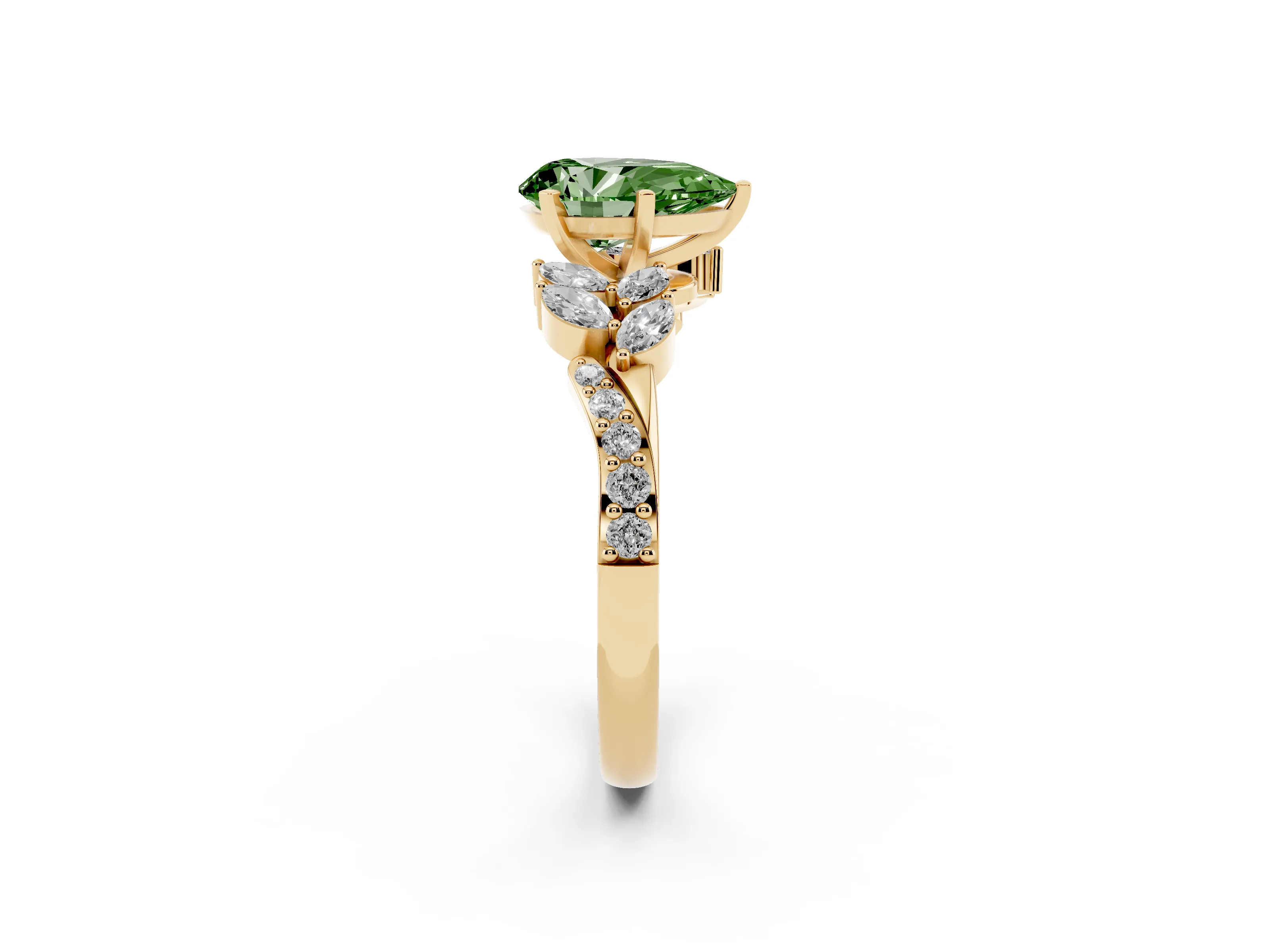 Fancy Green Pear Cut Diamond Solitaire Ring Set in Yellow gold with Marquise Twist Band and Prong Setting
