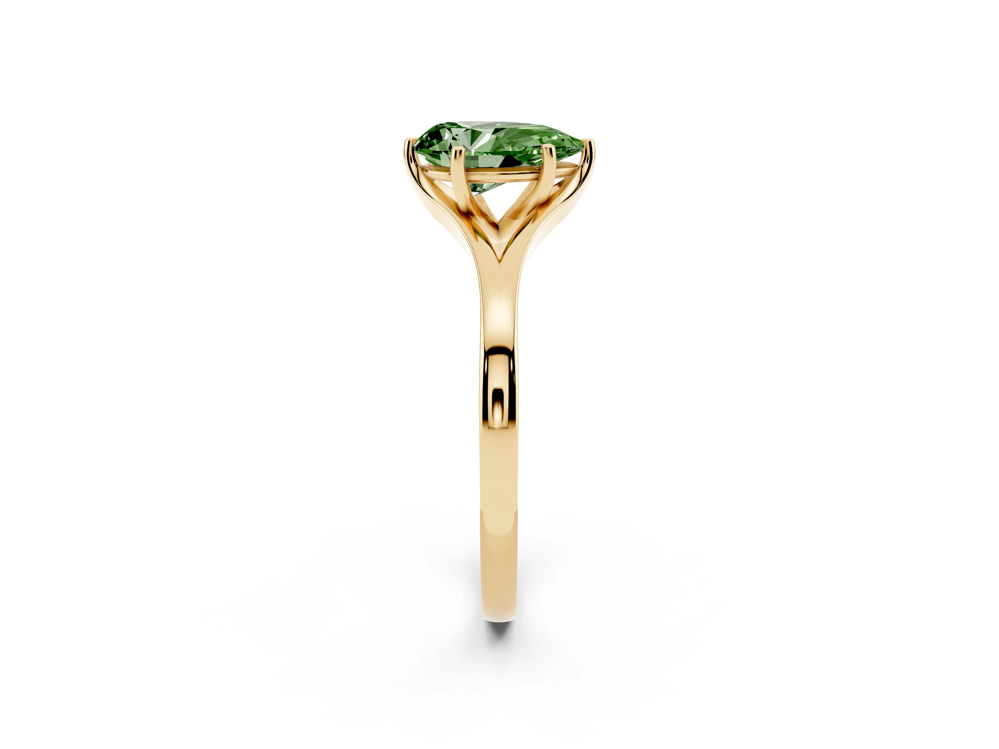 Fancy Green Pear Cut Diamond Solitaire Ring Set in Yellow gold with Polished Tapered Band and Prong Setting