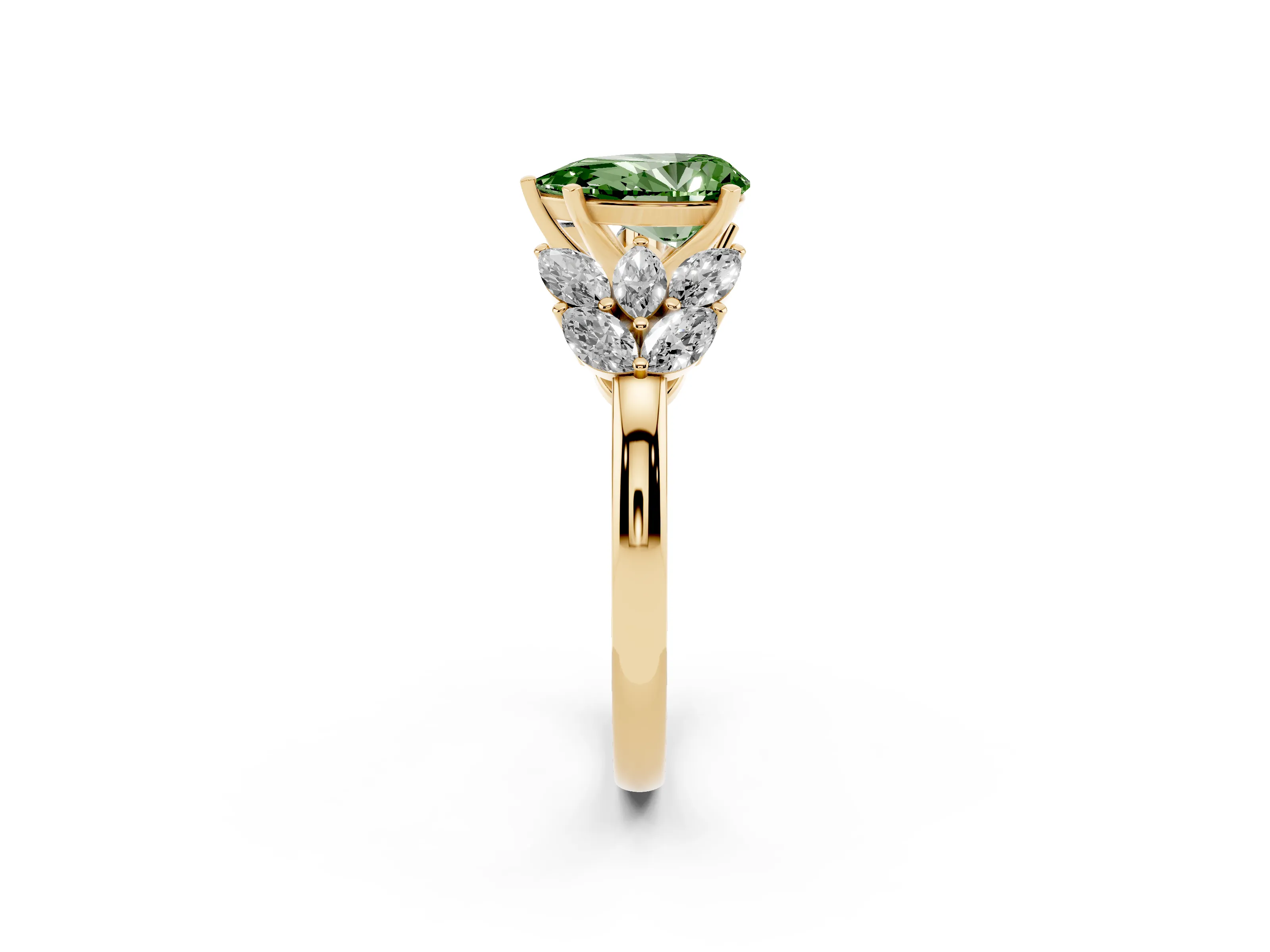 Fancy Green Pear Cut Diamond Cluster Leaf Design Ring Set in Yellow gold with Prong Setting