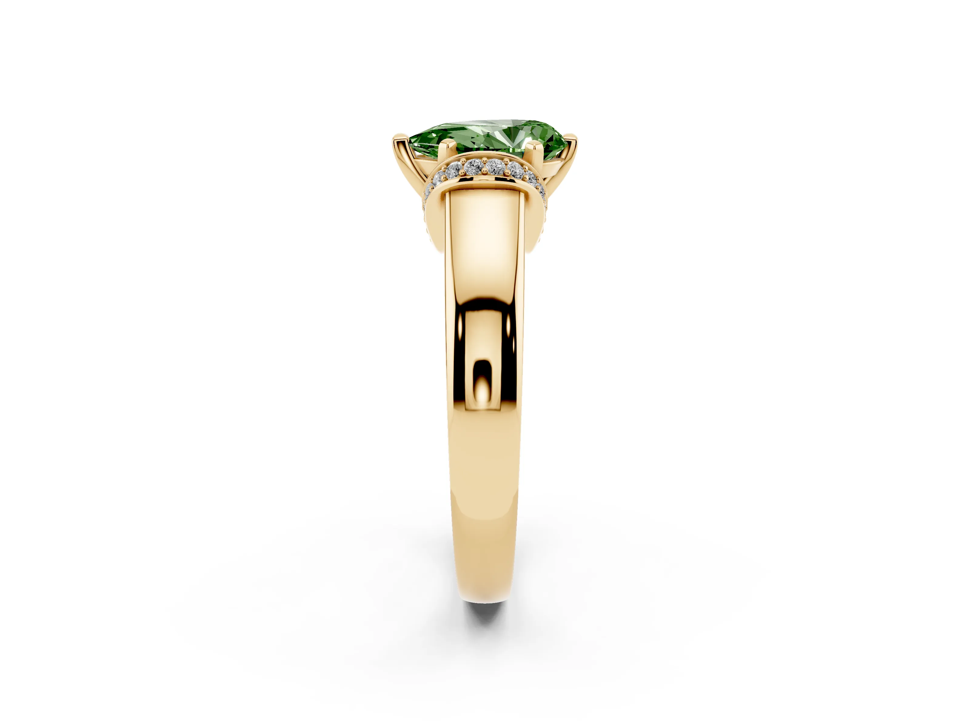 Fancy Green Pear Cut Diamond Pavé Band Solitaire Ring Set in Yellow gold with Prong Setting