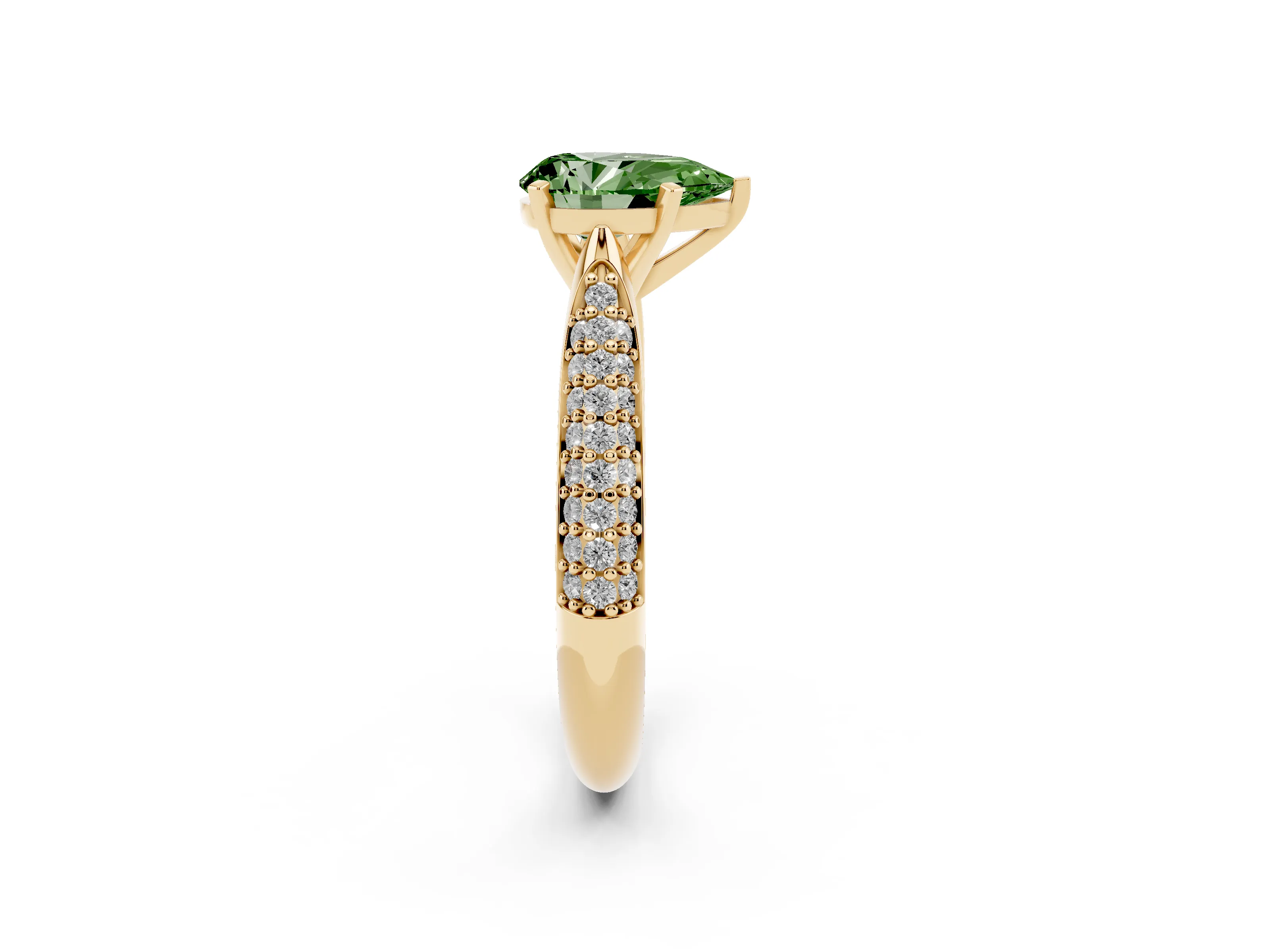 Fancy Green Pear Cut Diamond Solitaire Engagement Ring Set in Yellow gold with Multi-Row Round Pavé Band and Prong Setting