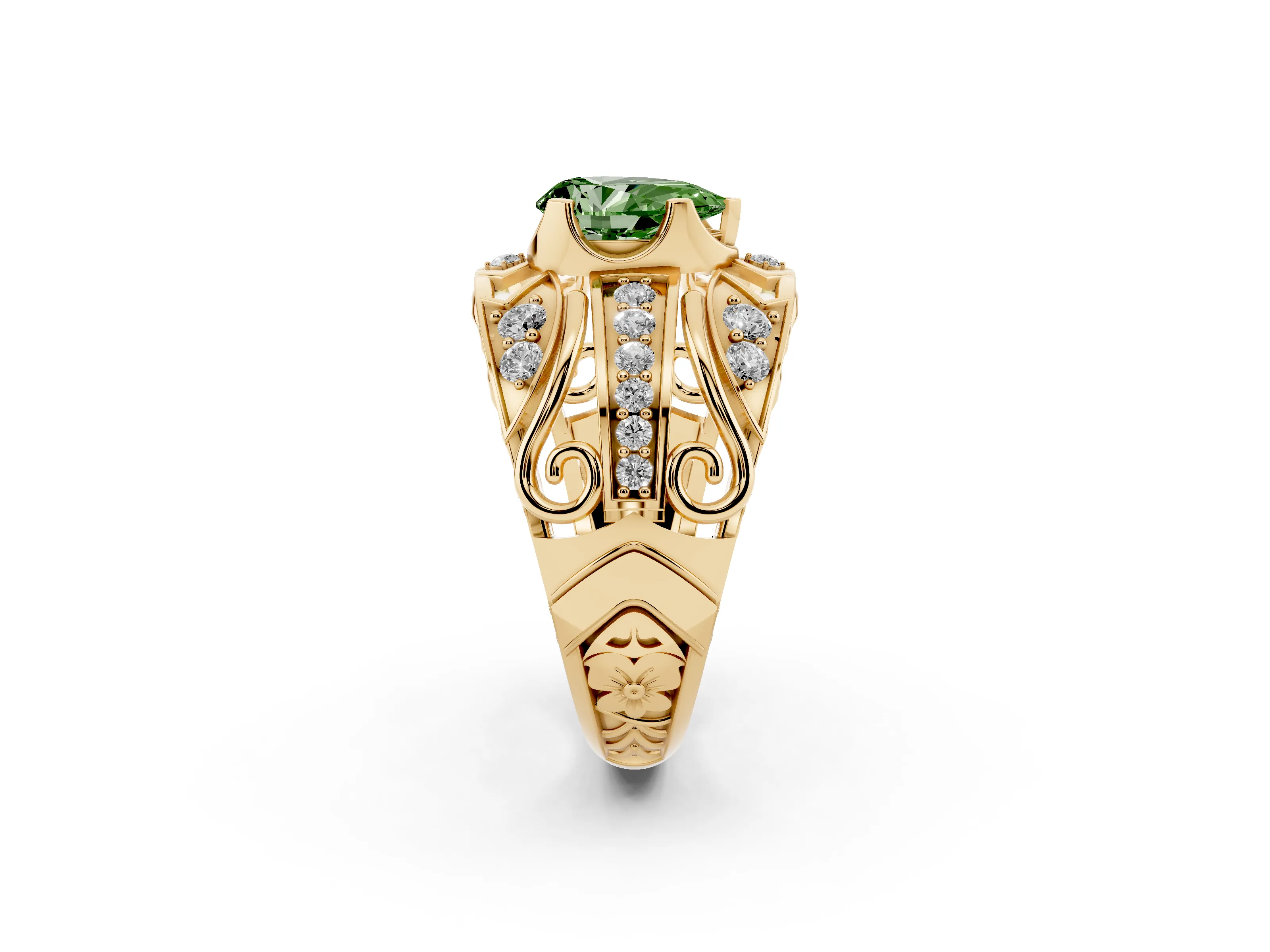 Fancy Green Pear Cut Diamond Art Deco Ring Set in Yellow gold with Pavé Split Shank