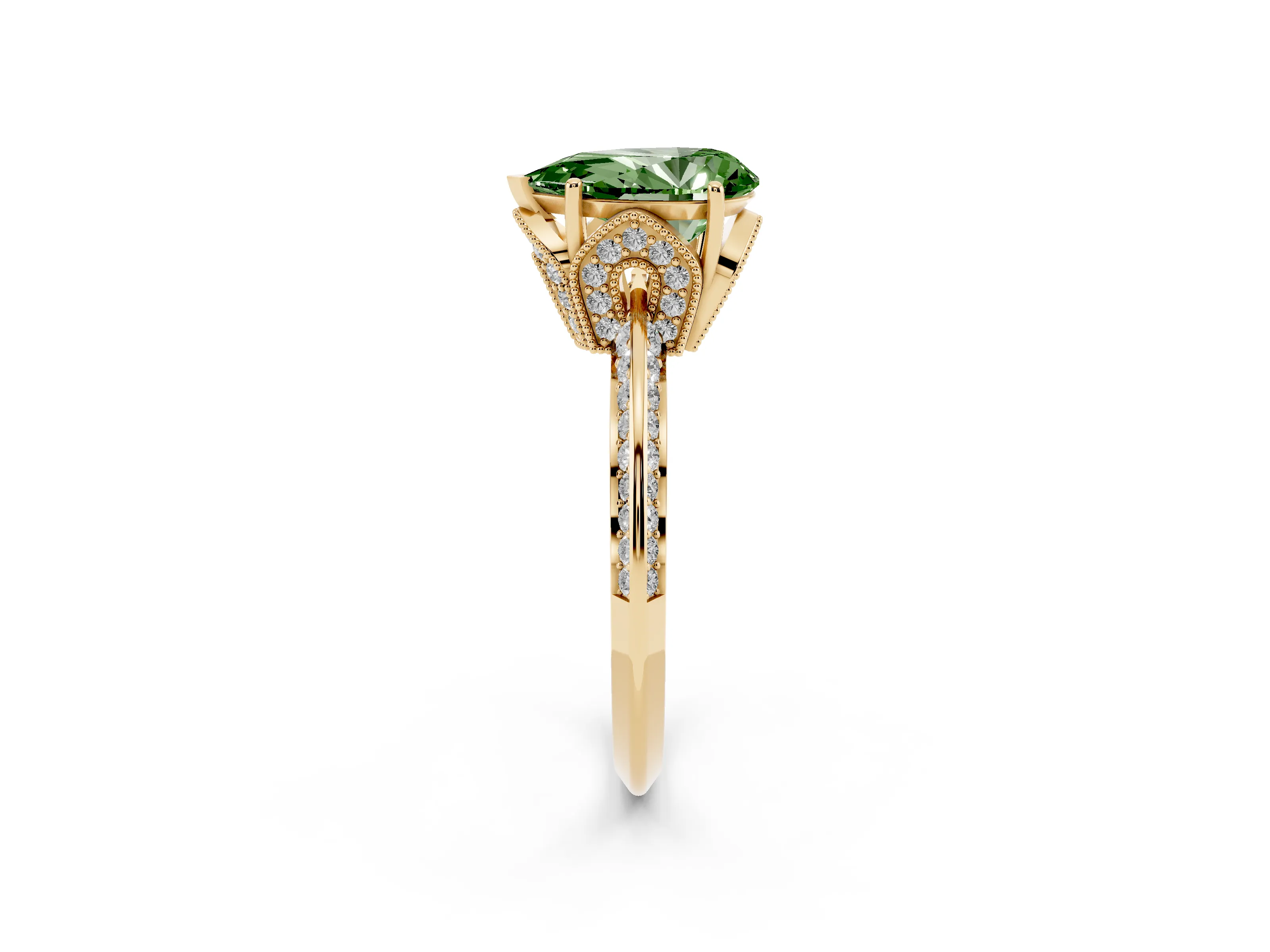 Fancy Green Pear Cut Diamond Solitaire Engagement Ring Set in Yellow gold with Pavé Split Shank and Prong Setting