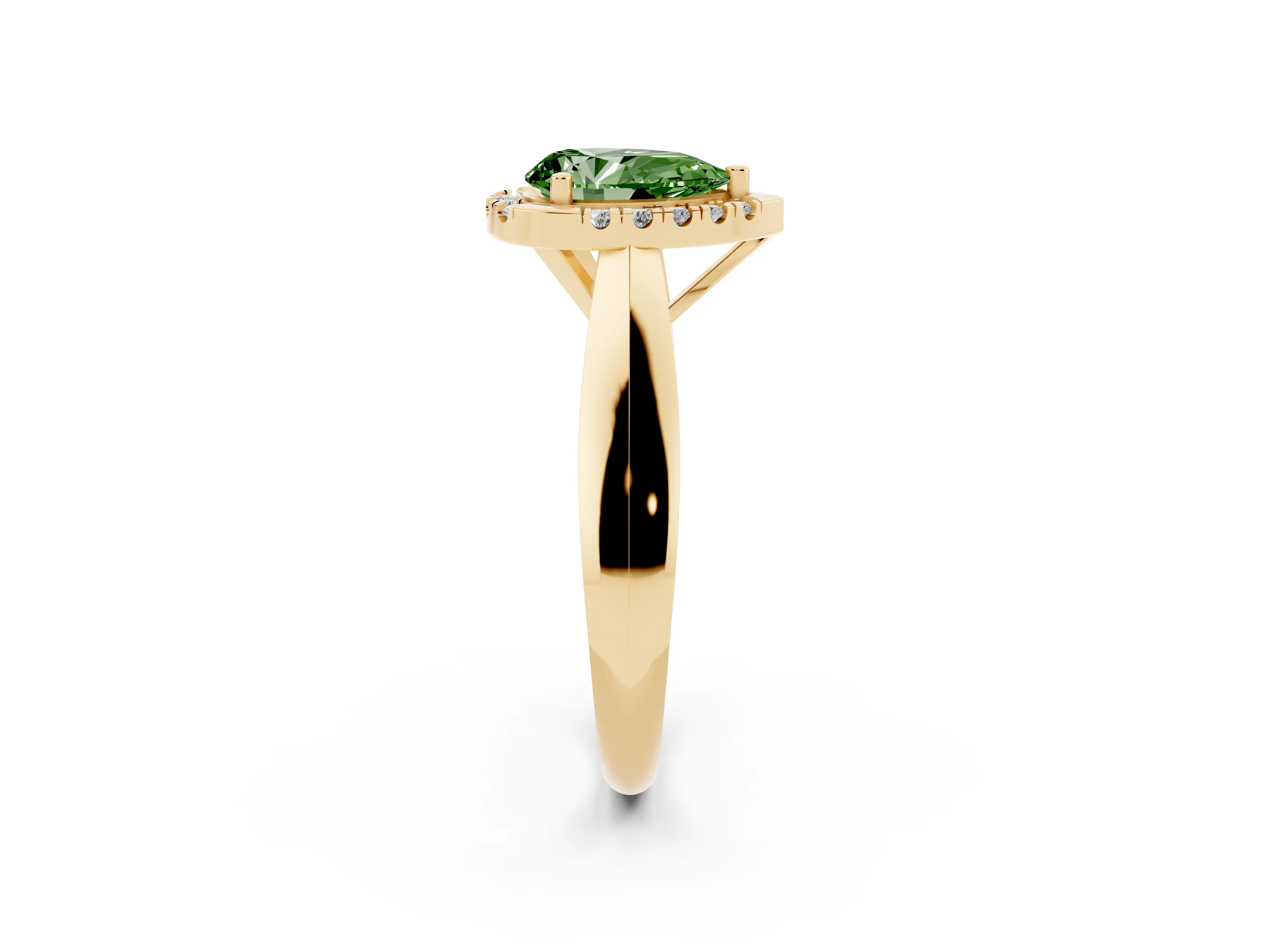 Fancy Green Pear Cut Diamond Halo Solitaire Engagement Ring Set in Yellow gold with Square Band and Prong Setting