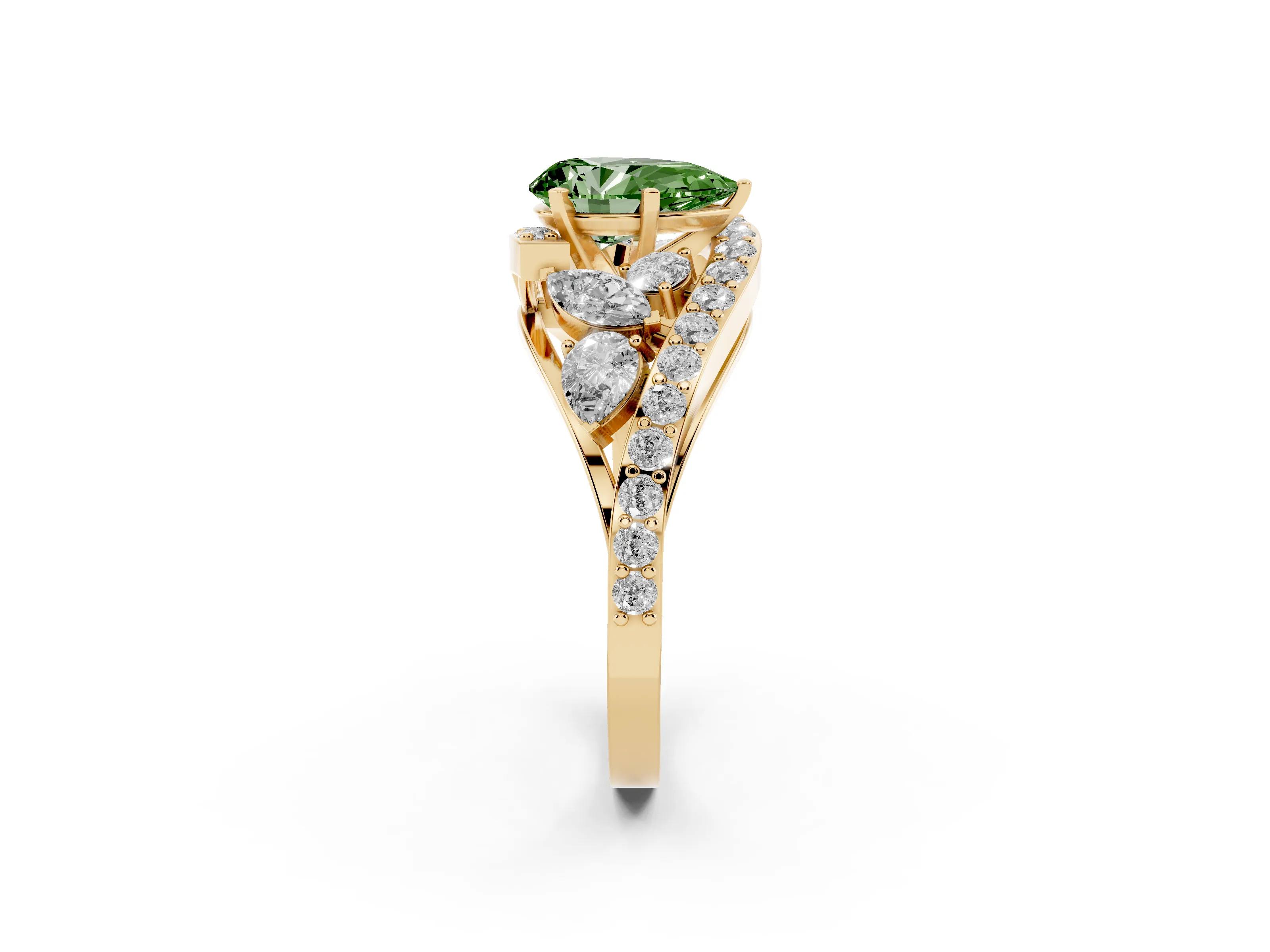 Fancy Green Pear Cut Diamond Halo Ring Set in Yellow gold with Marquise and Pavé Band in Prong Setting
