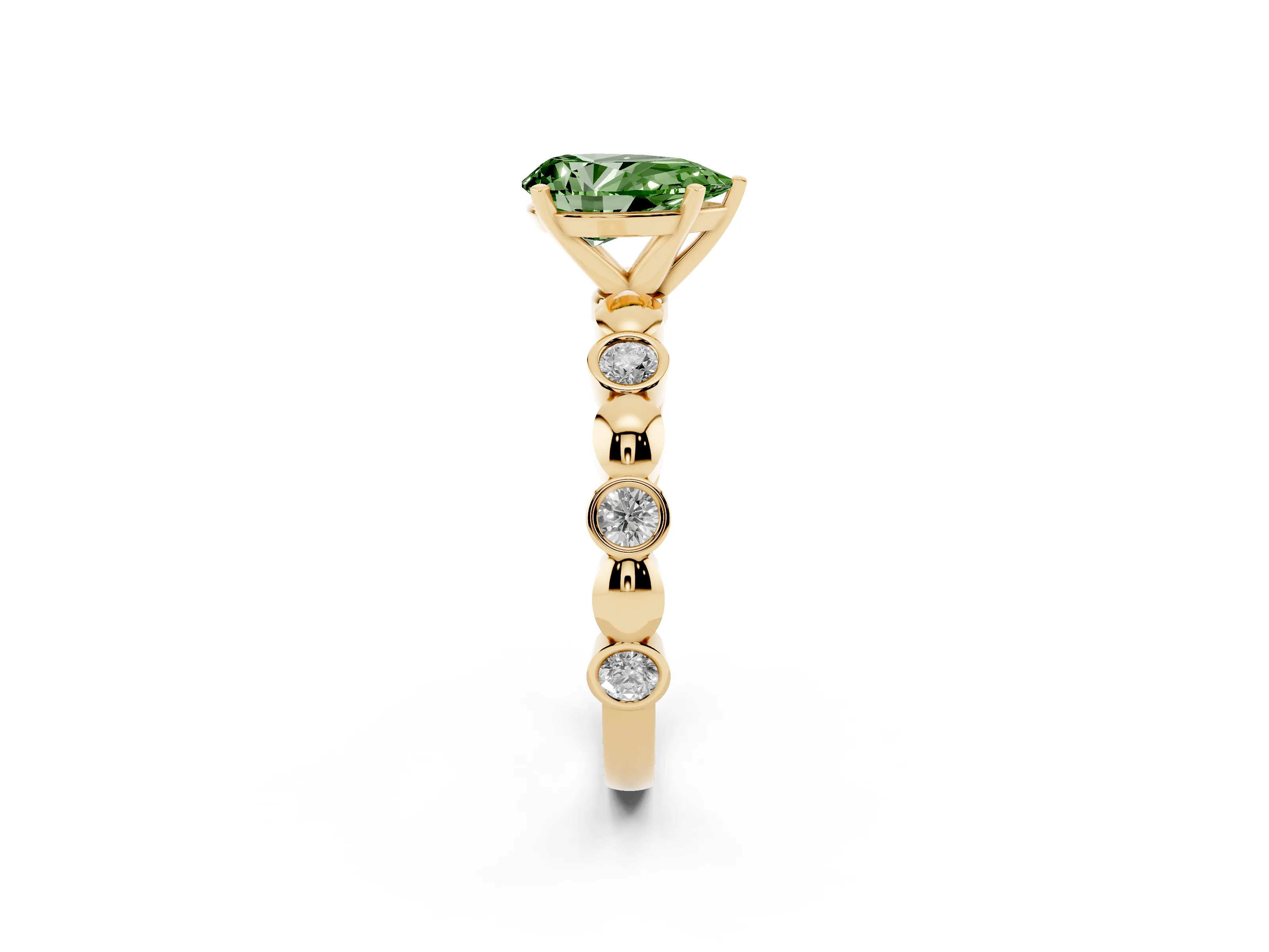 Fancy Green Pear Cut Diamond Solitaire Ring Set in Yellow gold with Bezel-Set Accents on Beaded Band and Prong Setting