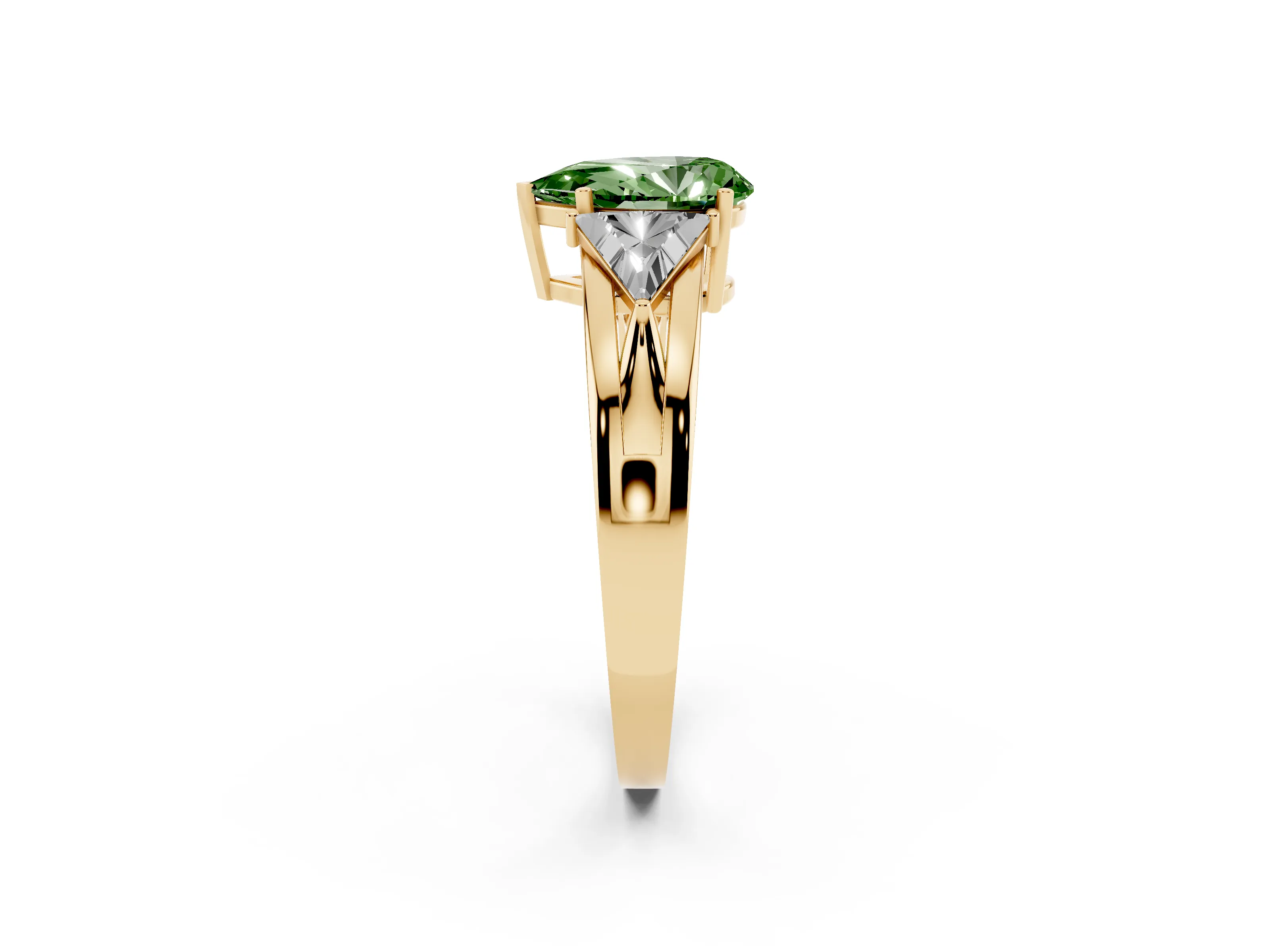 Fancy Green Pear Cut Diamond Three-Stone Ring Set in Yellow gold with Trillion Side Stones and Split Shank