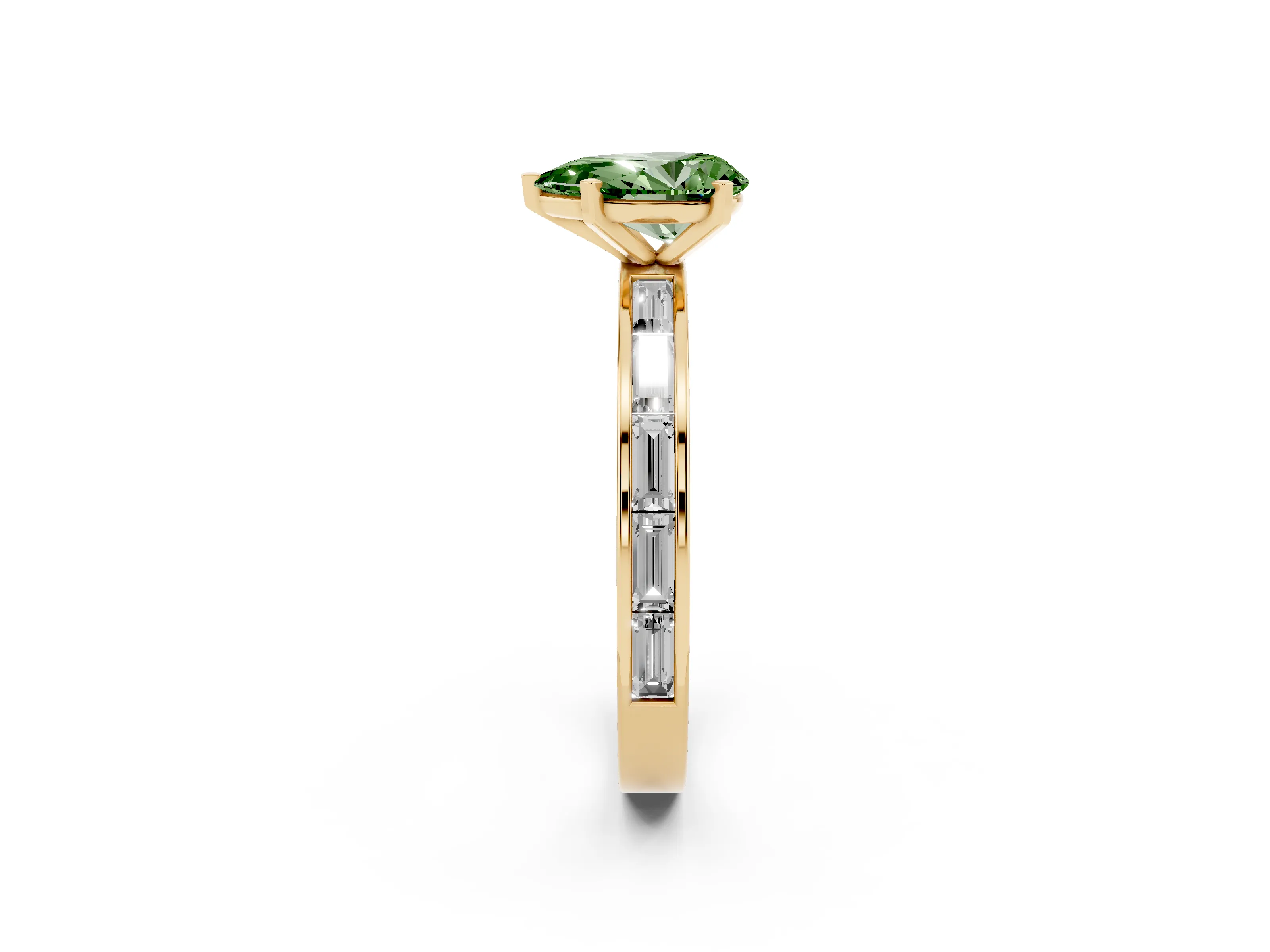 Fancy Green Pear Cut Diamond Solitaire Ring Set in Yellow gold with Channel-Set Baguette Band and Prong Setting