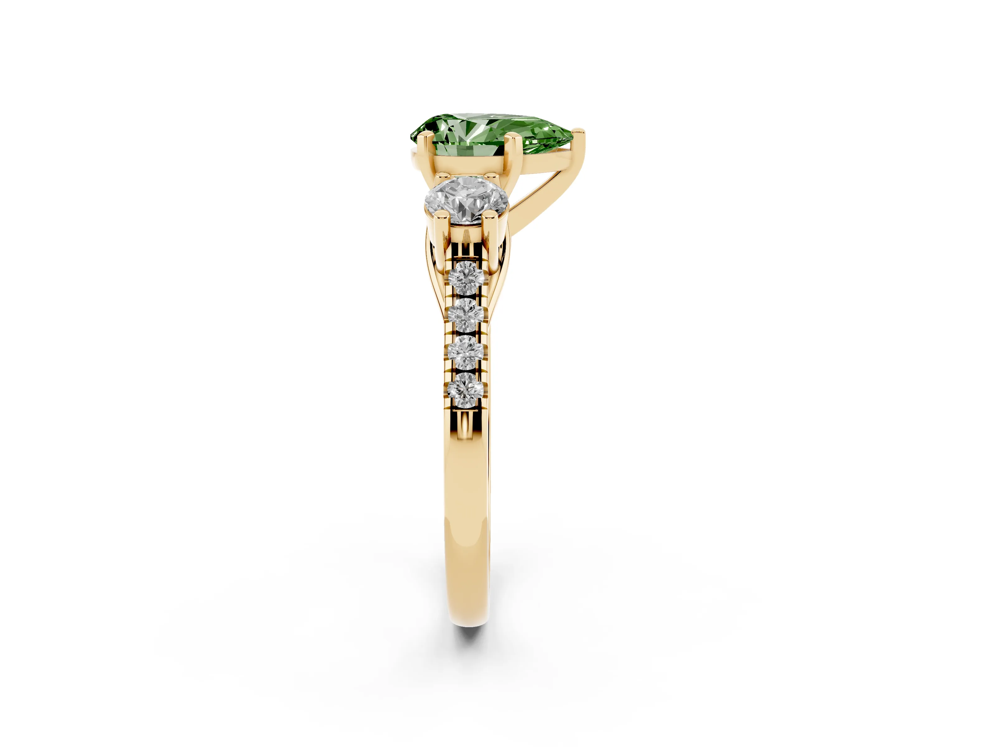 Fancy Green Three-Stone Pear Cut Diamond Pavé Band Ring Set in Yellow gold with Prong-Set Trio