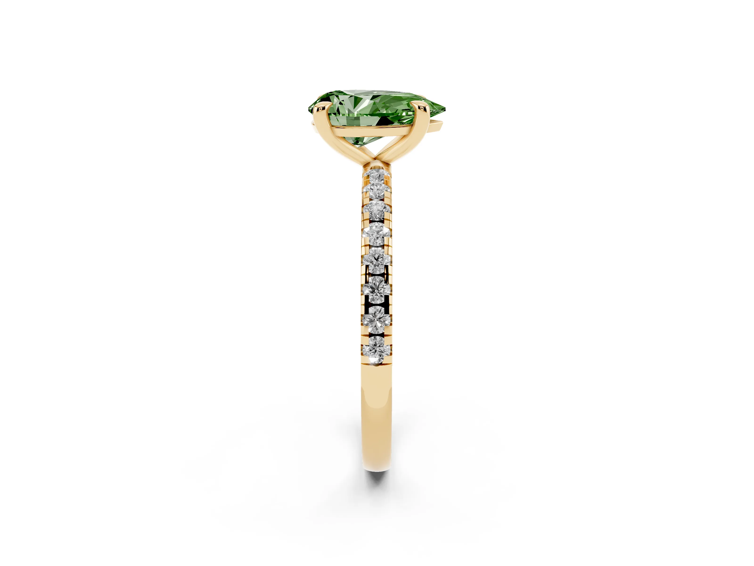 Fancy Green Pear Cut Diamond Brilliant Solitaire Ring Set in Yellow gold with Pavé Band and Prong Setting