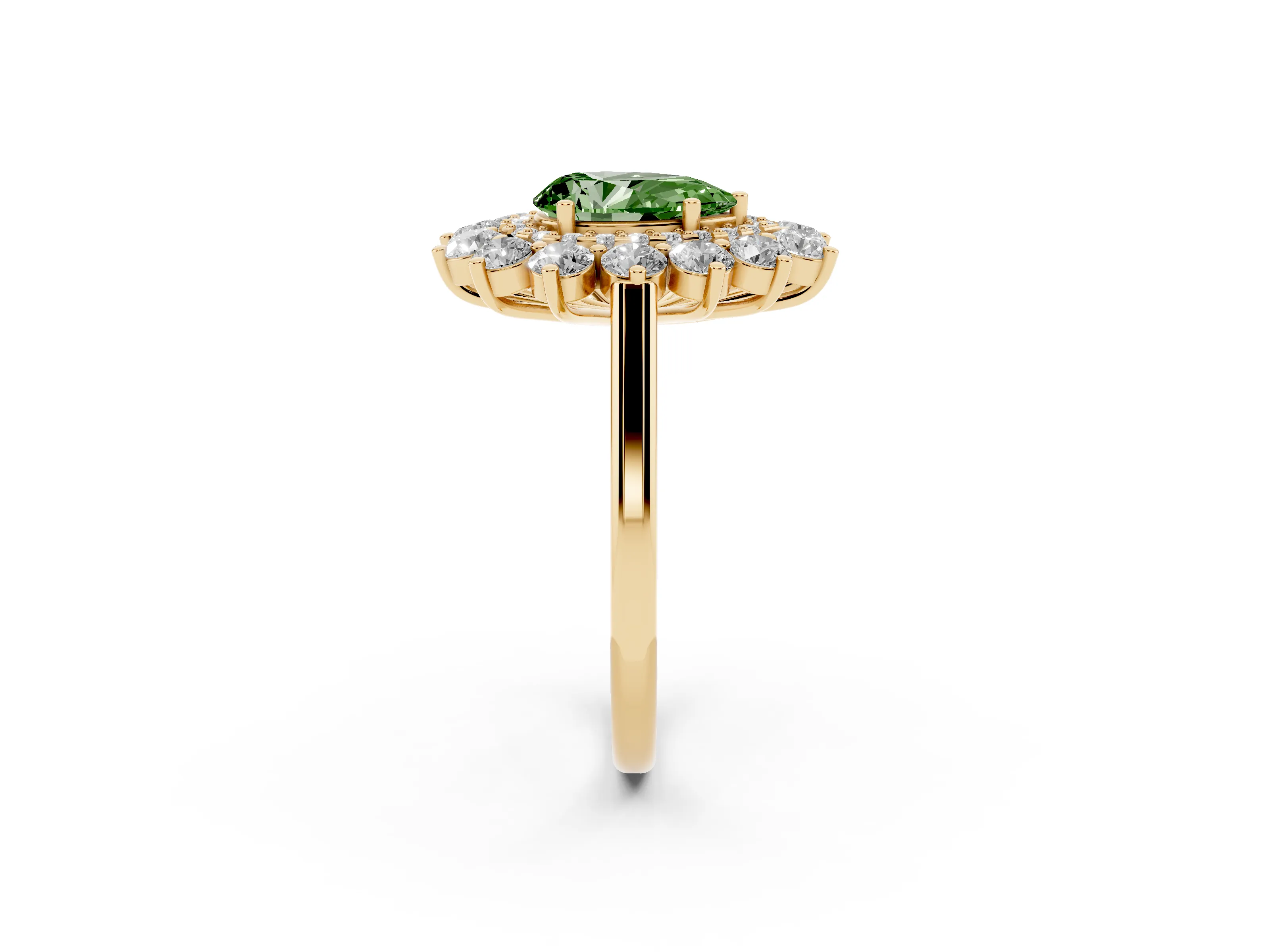 Fancy Green Pear Cut Diamond Floral Double Halo Ring Set in Yellow gold with Round Petals