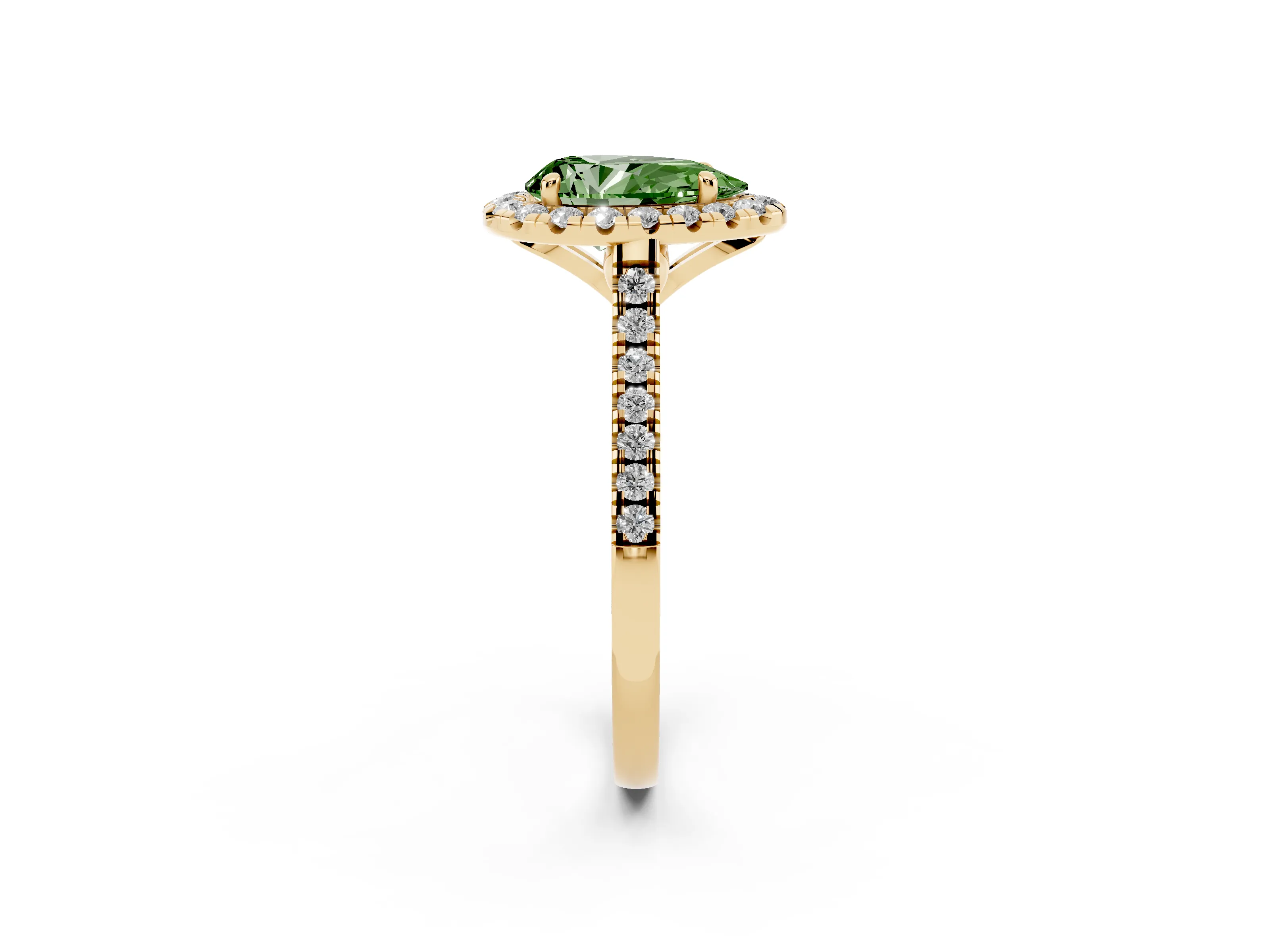 Fancy Green Pear Cut Diamond Cushion Halo Ring Set in Yellow gold with Pavé Band