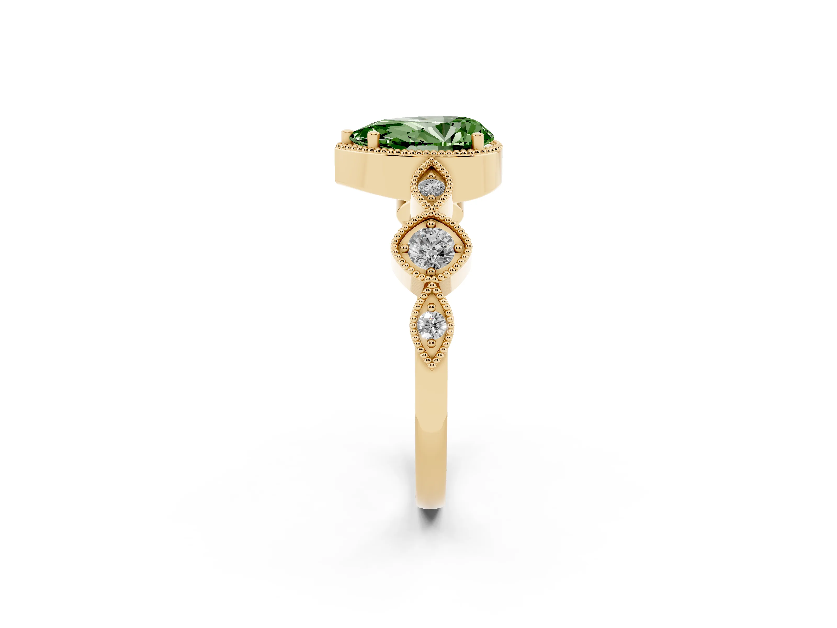 Fancy Green Pear Cut Diamond Vintage-Inspired Milgrain Ring Set in Yellow gold with Marquise Stations of Round Accents