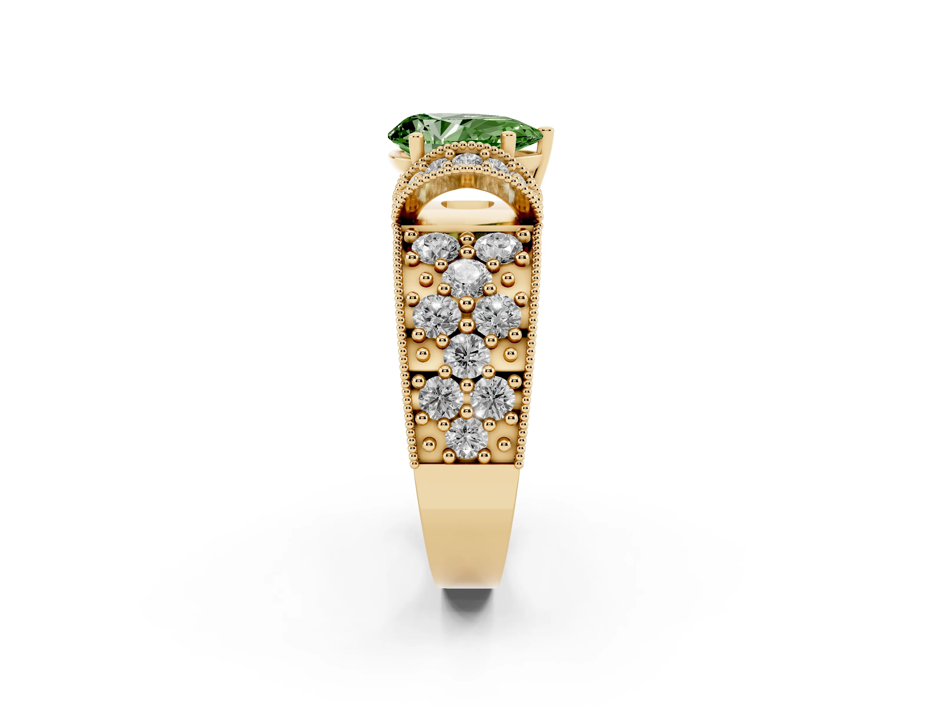 Fancy Green Pear Cut Diamond Milgrain Halo Pavé Engagement Ring Set in Yellow gold with Prong Setting