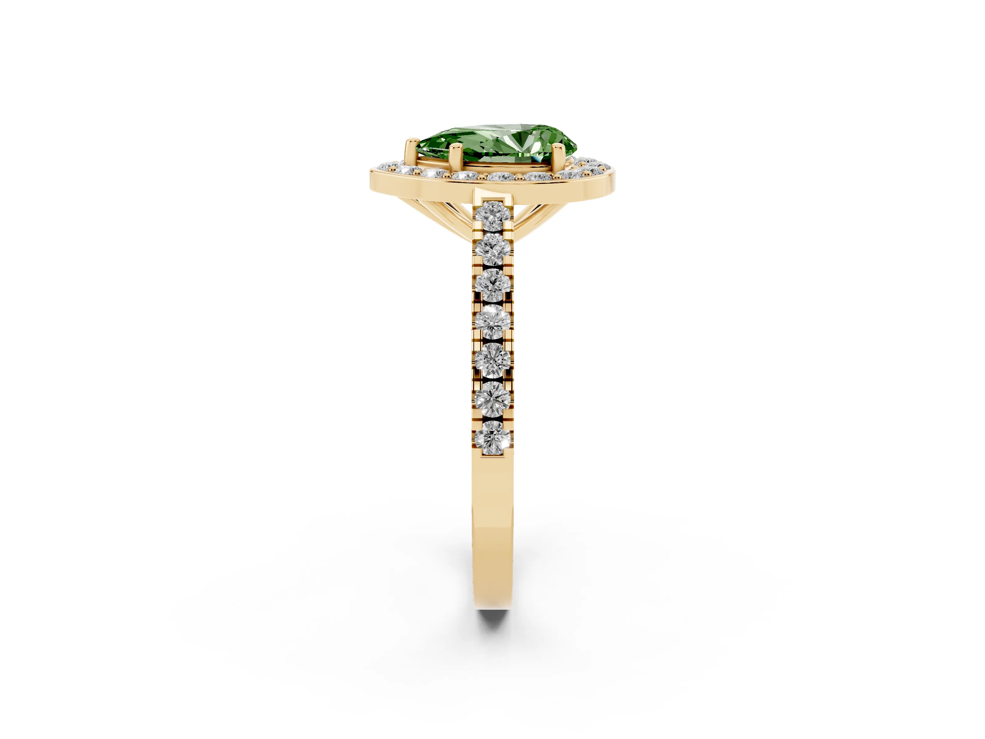 Fancy Green Pear Cut Diamond Halo Ring Set in Yellow gold with Round Pavé Split Shank and Prong Setting