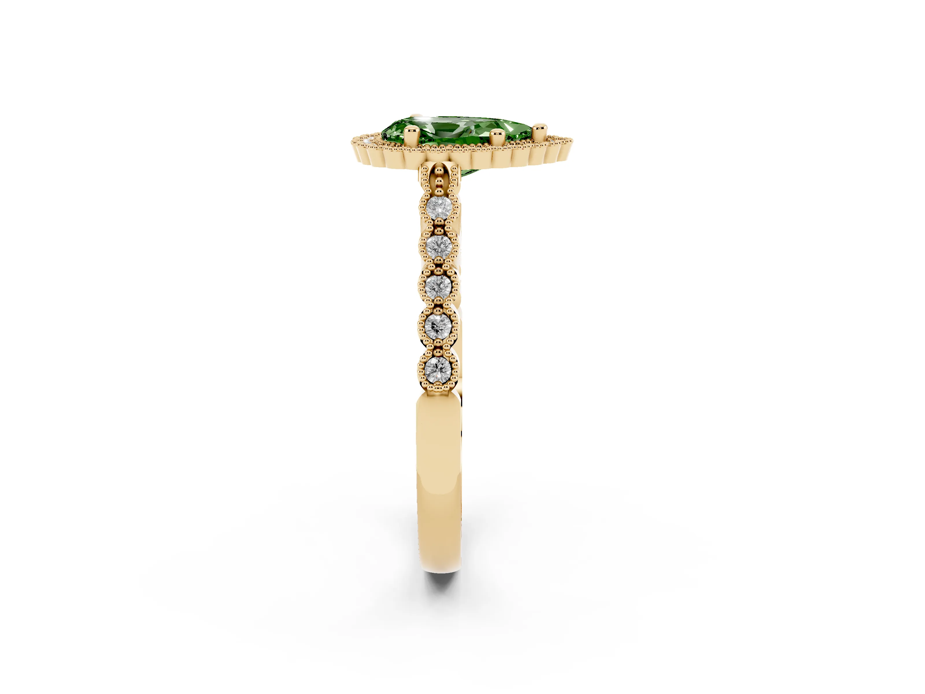Fancy Green Pear Cut Diamond Halo Ring Set in Yellow gold with Pavé Milgrain Band
