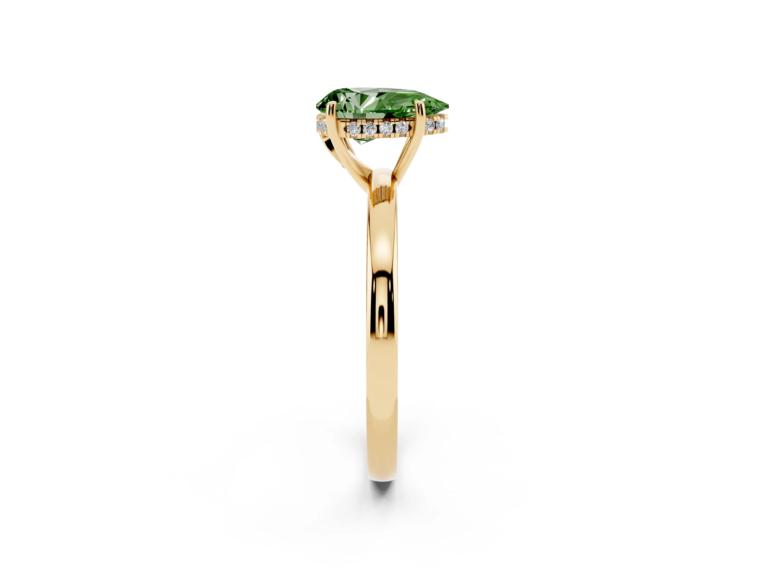 Fancy Green Pear Cut Diamond Solitaire Ring Set in Yellow gold with Plain Band and Prong Setting