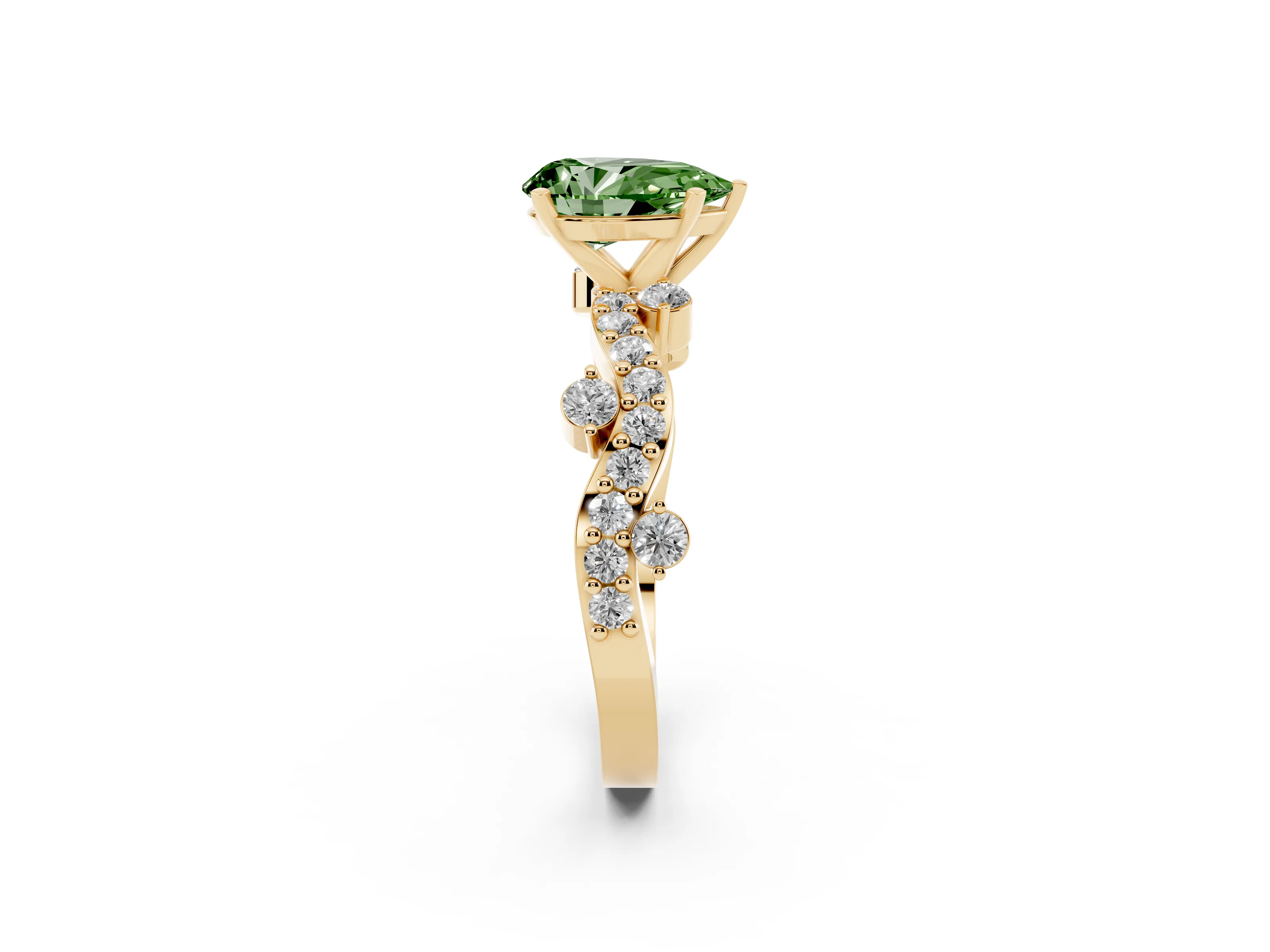 Fancy Green Pear Cut Diamond Solitaire Twisted Band Set in Yellow gold with Pavé Setting