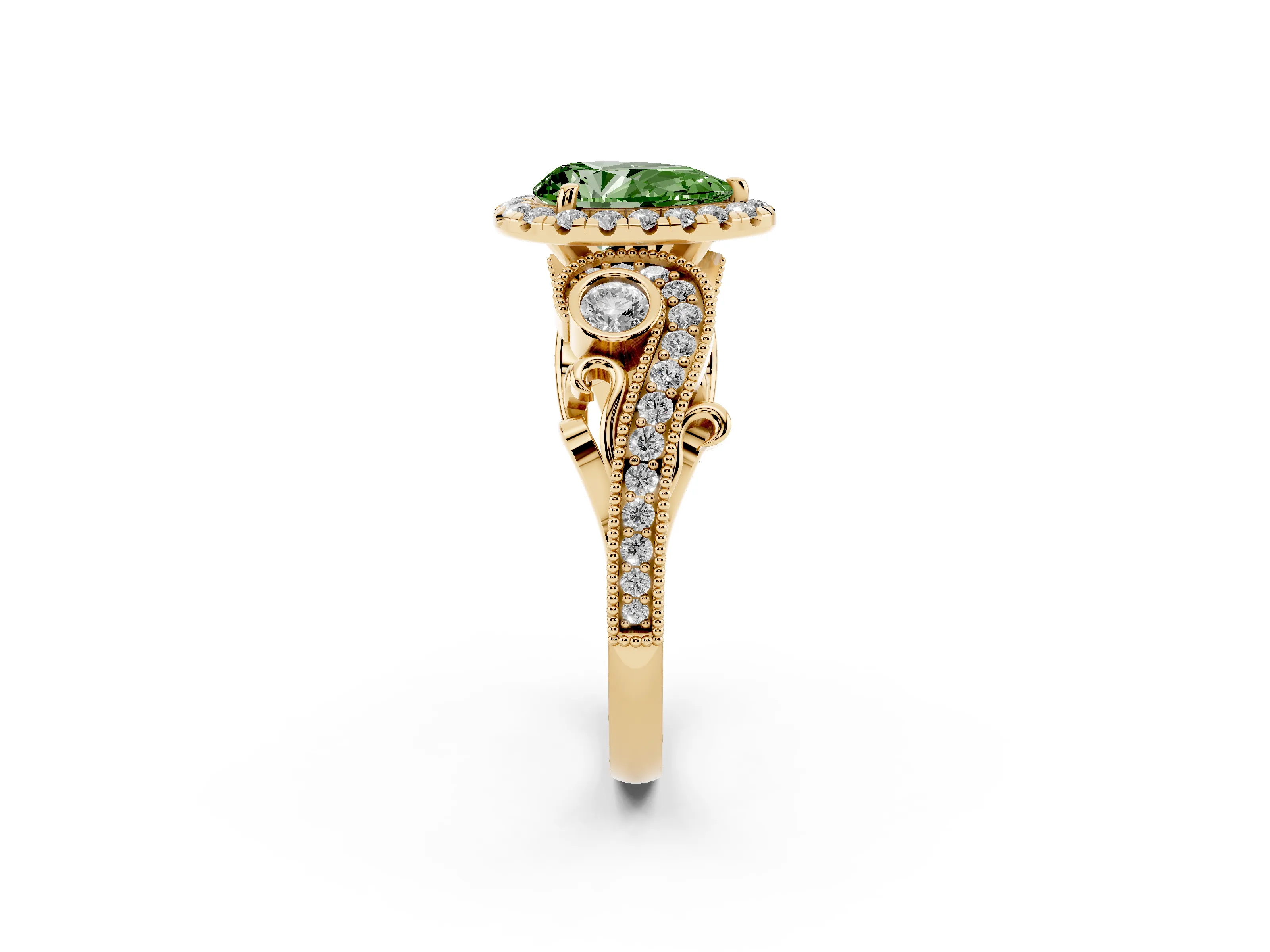Fancy Green Pear Cut Diamond Halo Ring Set in Yellow gold with Milgrain Pavé Band and Prong Setting