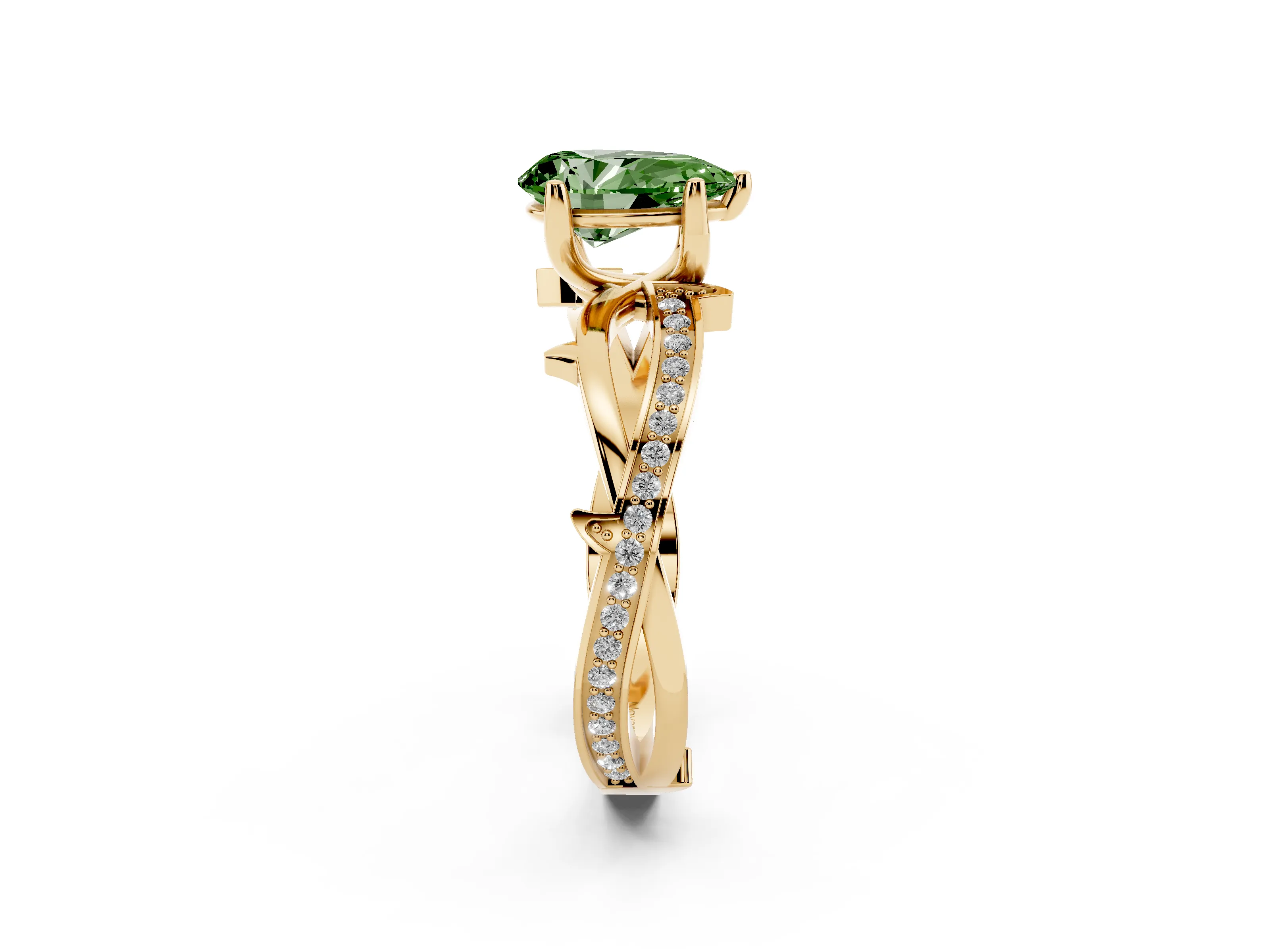 Fancy Green Pear Cut Diamond Pavé Twist Band Solitaire Ring Set in Yellow gold with Prong Setting