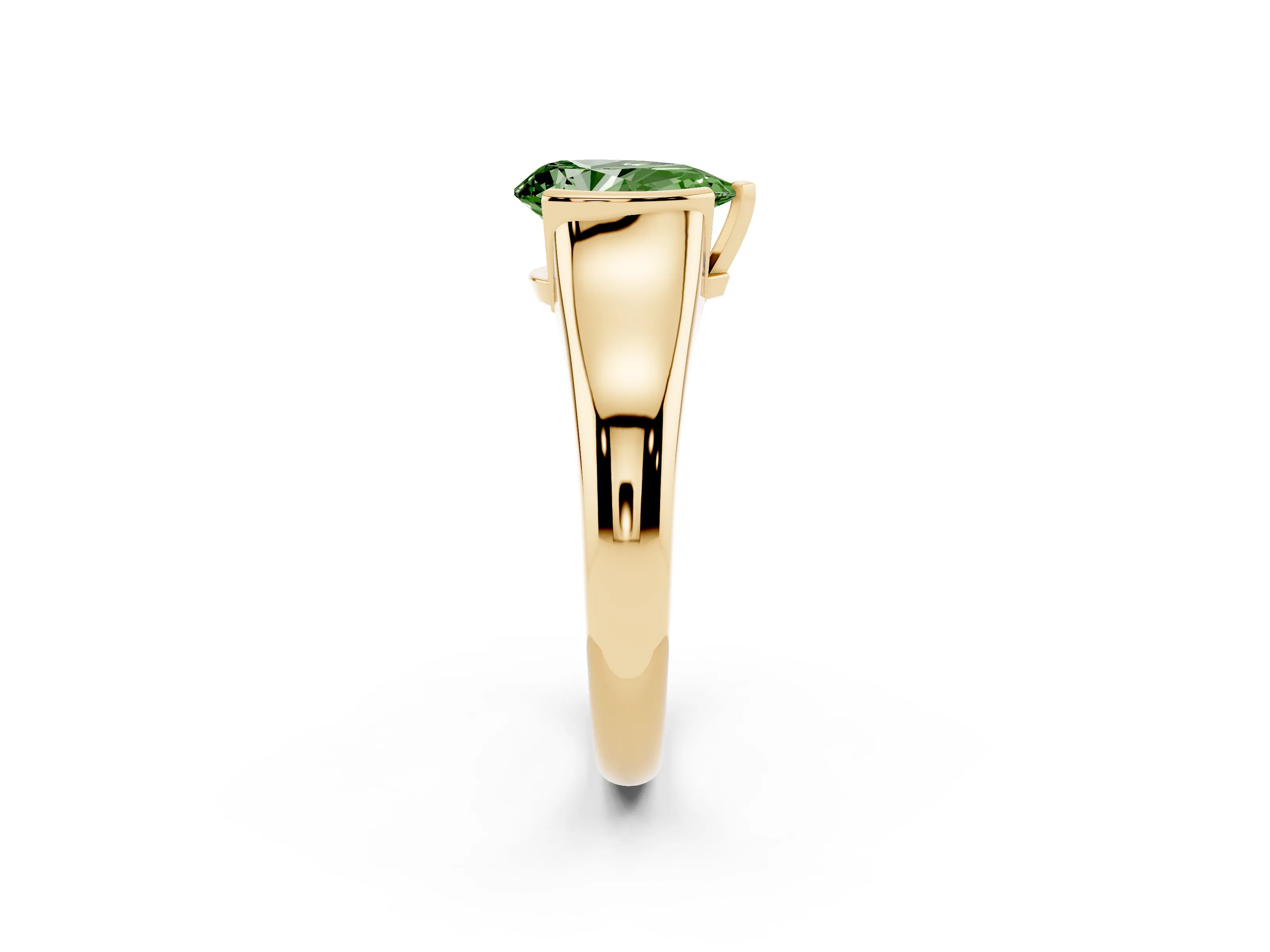 Fancy Green Pear Cut Diamond Solitaire Tension Set Ring Set in Yellow gold with Split Shank Band