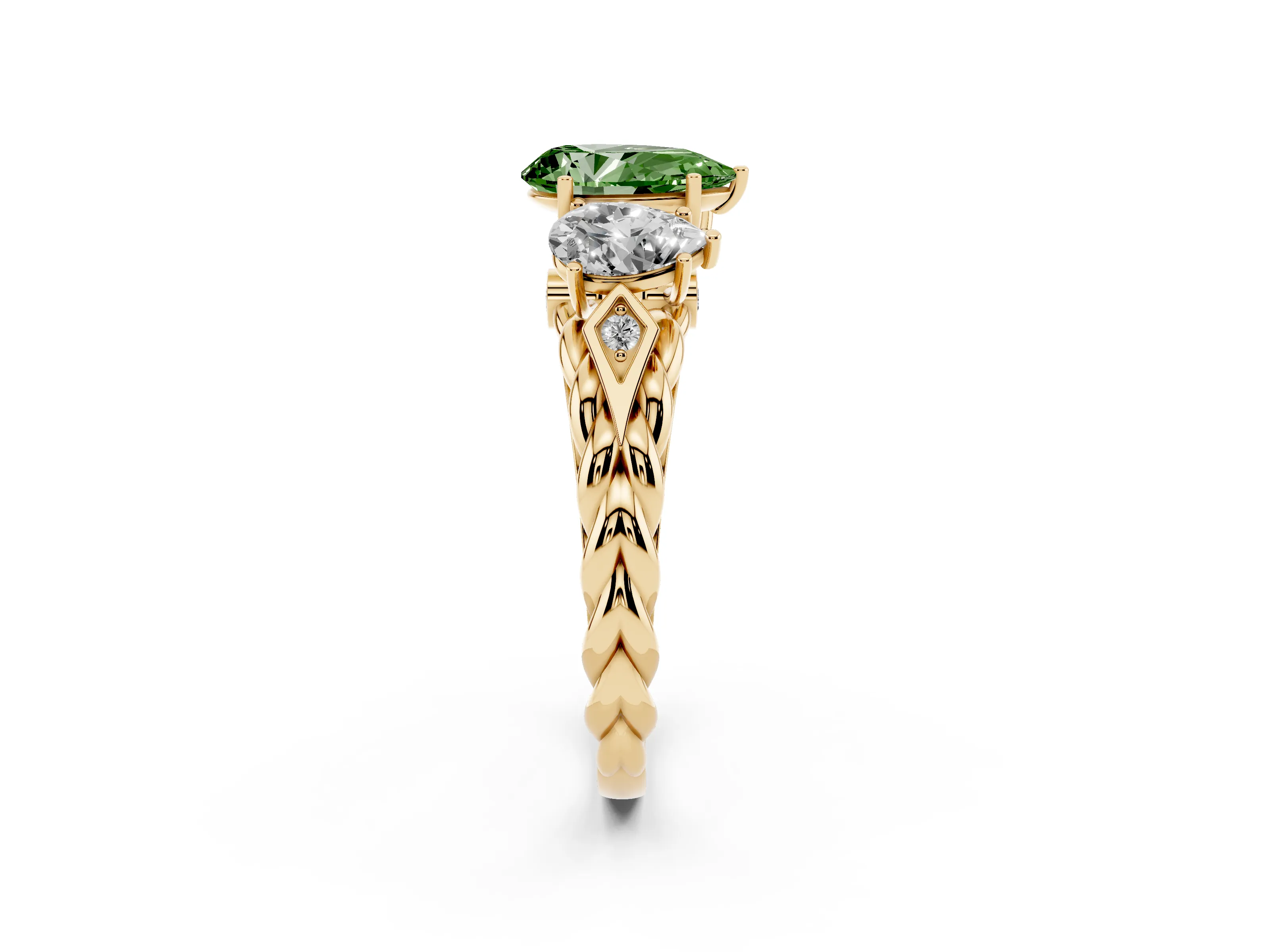 Fancy Green Pear Cut Diamond Three-Stone Ring Set in Yellow gold with Braided Band