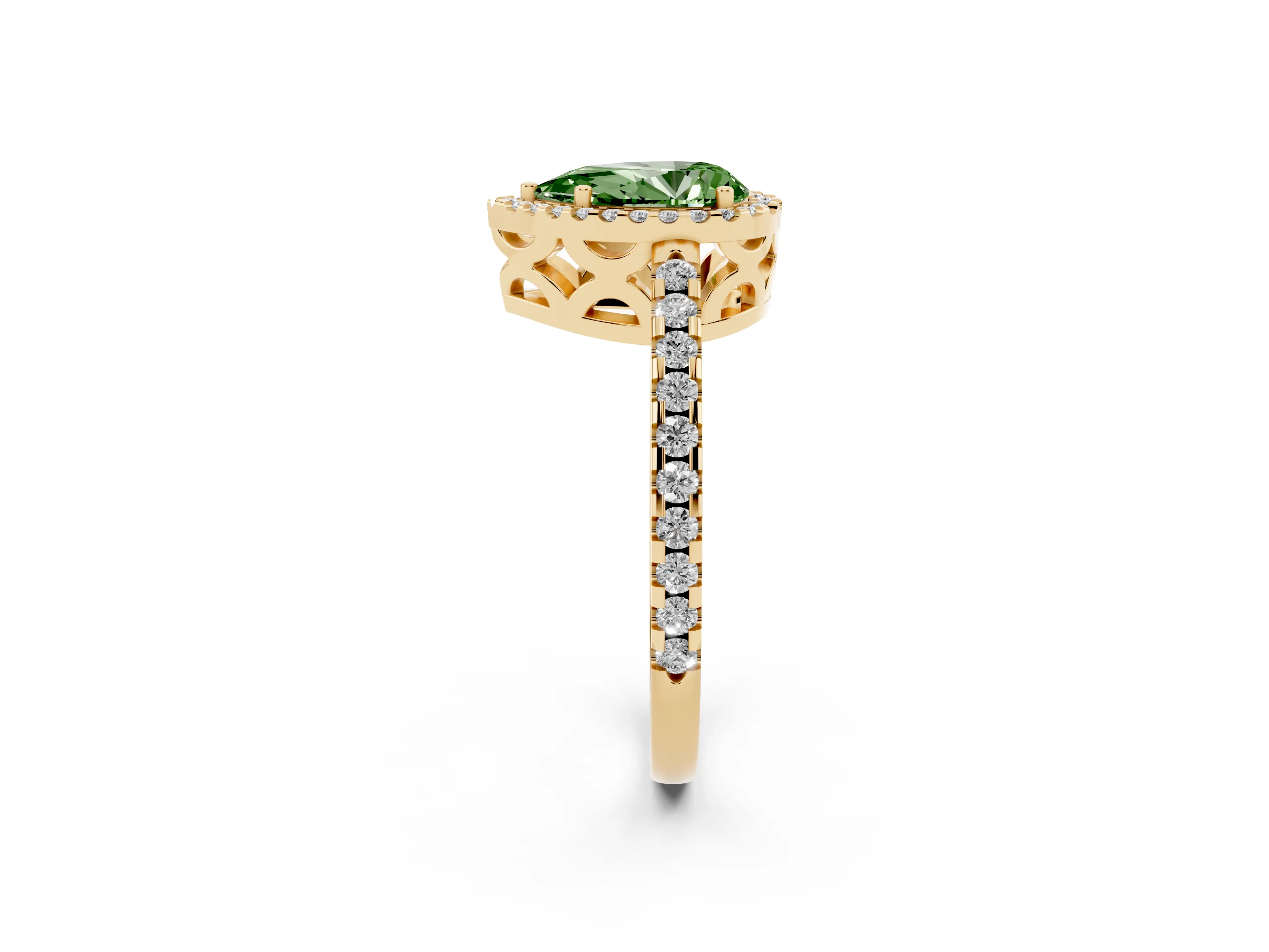 Fancy Green Pear Cut Diamond Halo Ring Set in Yellow gold with Pavé Shoulders and Halo-Framed Center