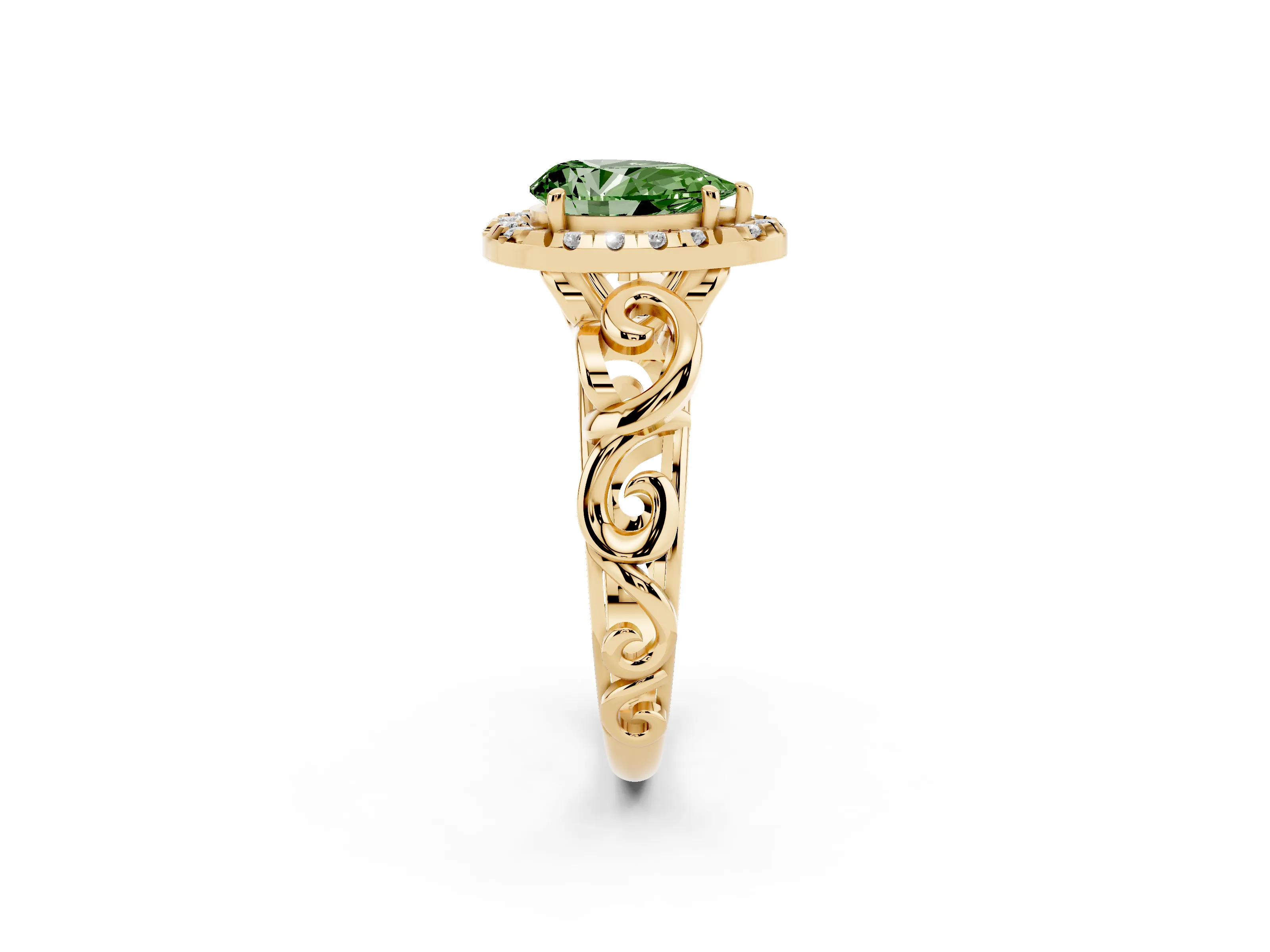 Fancy Green Pear Cut Diamond Halo Ring Set in Yellow gold with Scrollwork Band and Prong Setting