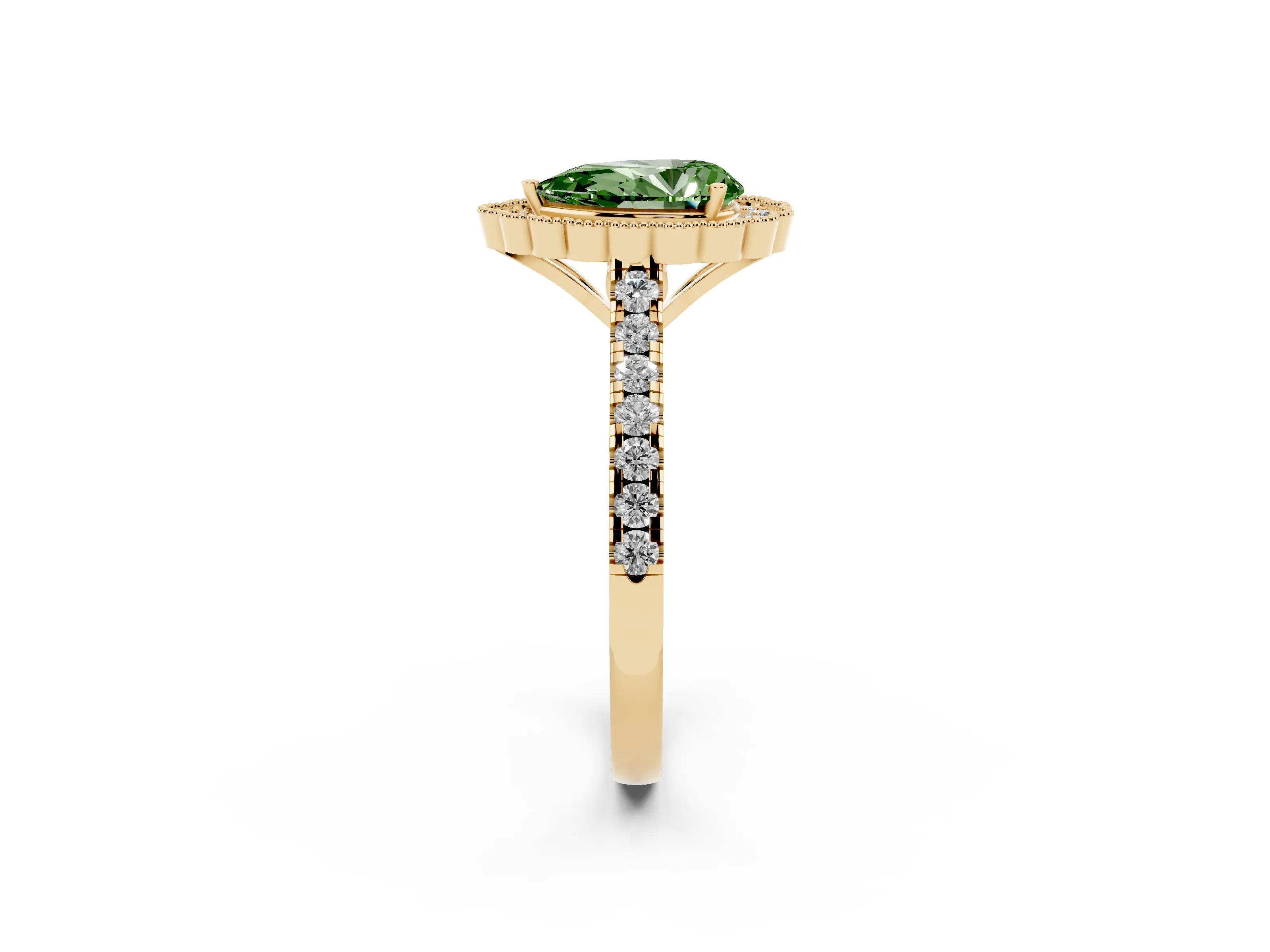 Fancy Green Pear Cut Diamond Milgrain Floral Halo Engagement Ring Set in Yellow gold with Pavé Band