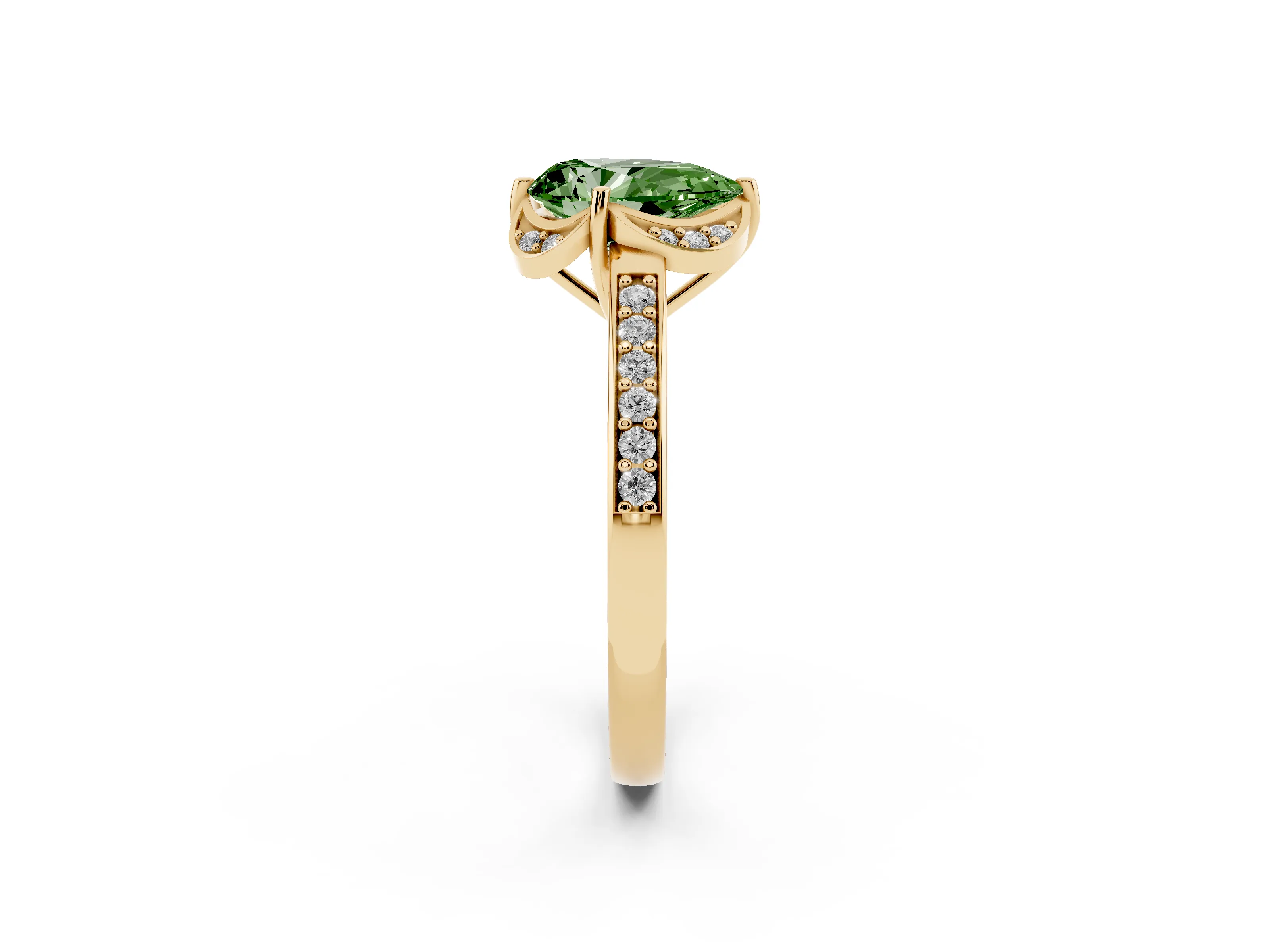 Fancy Green Pear Cut Diamond Halo Ring Set in Yellow gold with Channel Set Band and Prong Setting