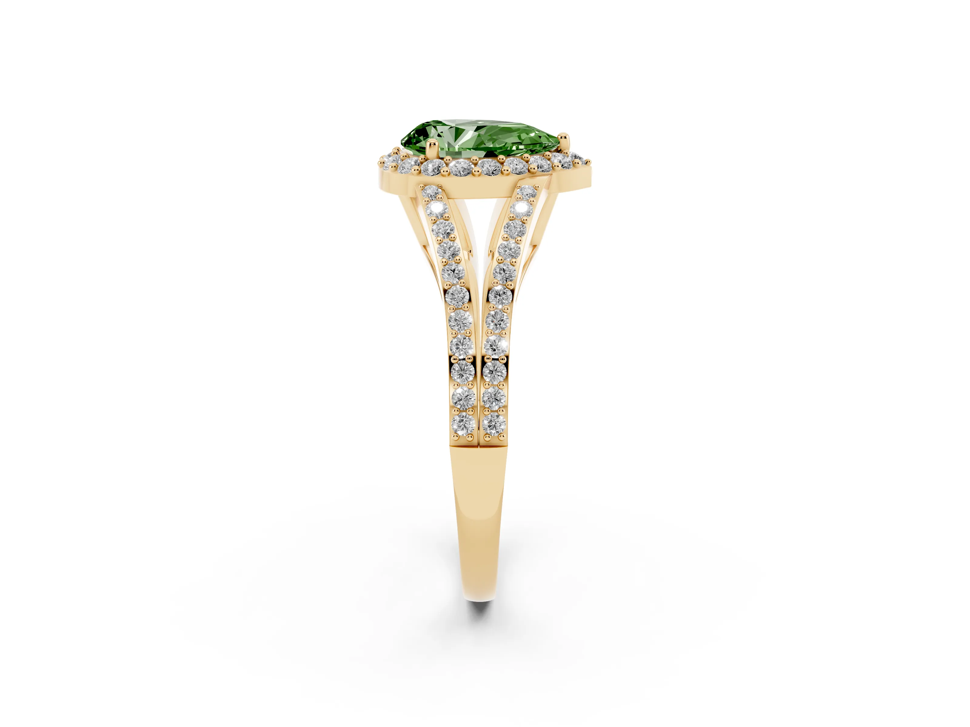 Fancy Green Pear Cut Diamond Halo Split Shank Pavé Ring Set in Yellow gold with Prong Setting