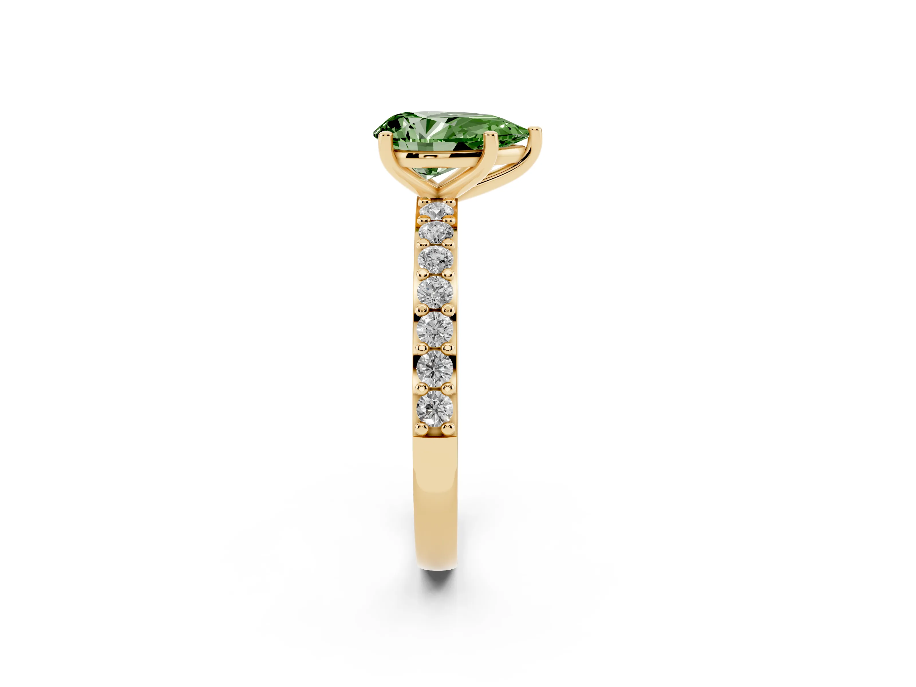Fancy Green Pear Cut Diamond Solitaire Set in Yellow gold with Round Pavé Band and Prong Setting