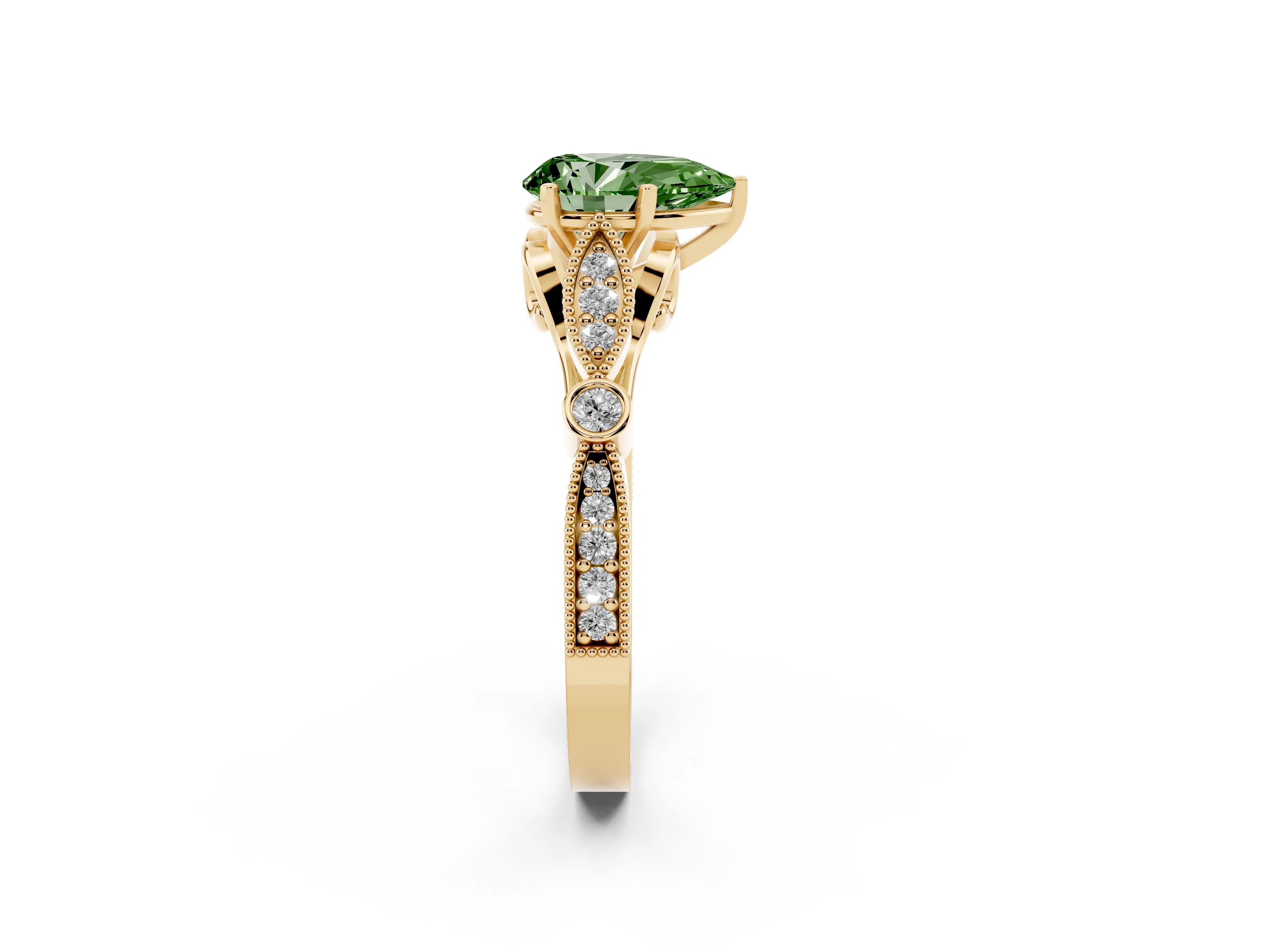 Fancy Green Pear Cut Diamond Solitaire Ring Set in Yellow gold with Milgrain Marquise and Bezel Accents