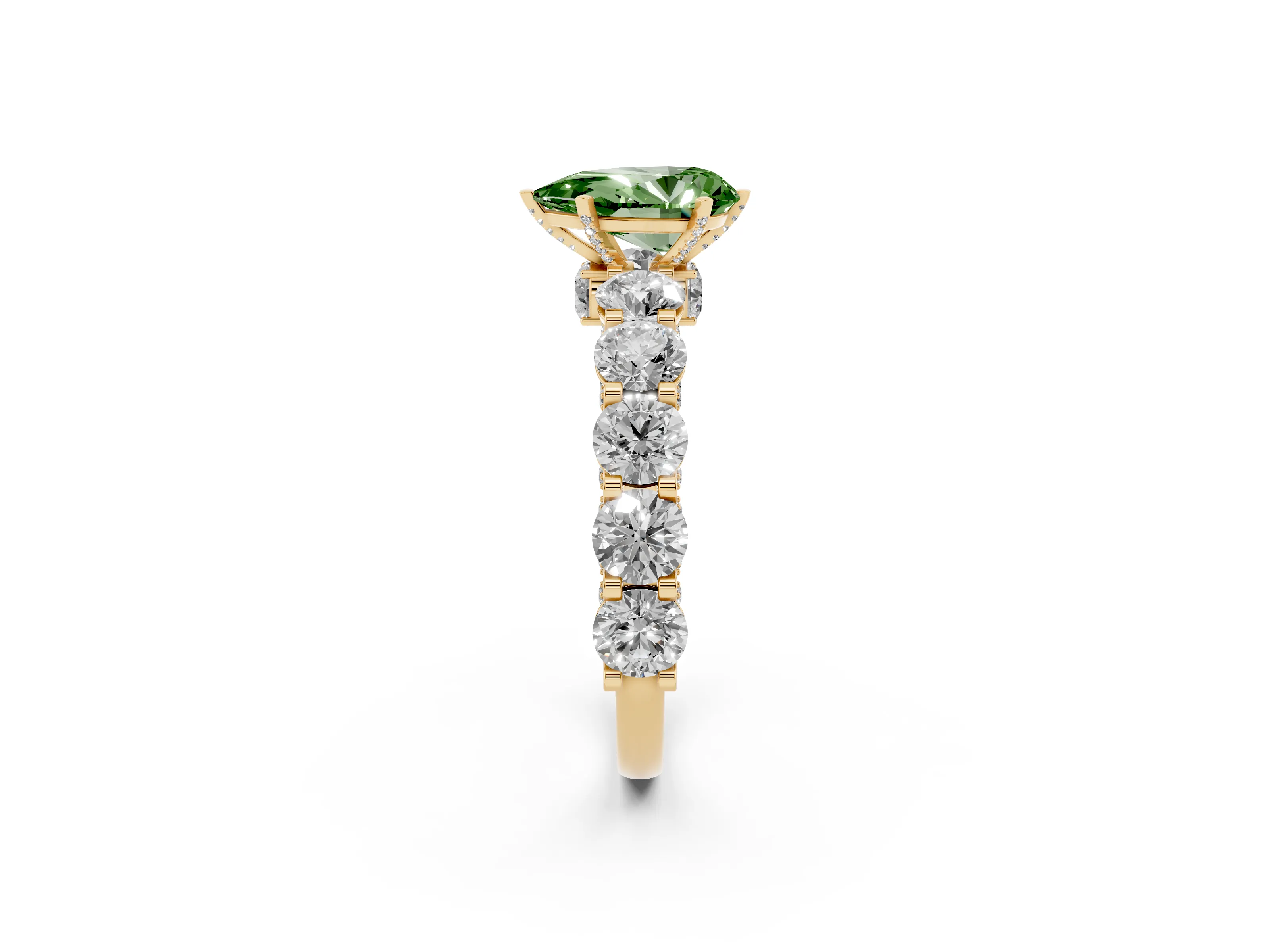 Fancy Green Pear Cut Diamond Side Stone Ring Set in Yellow gold with Alternating Round and Oval Side Stones