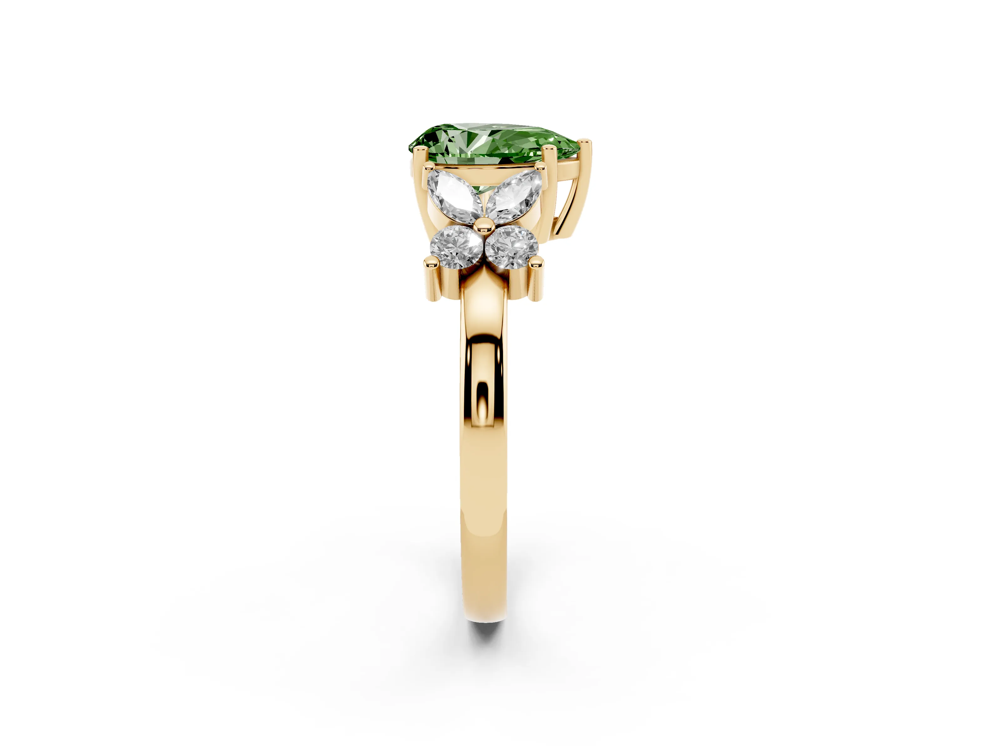Fancy Green Pear Cut Diamond Floral Cluster Ring Set in Yellow gold with Marquise Petals and Prong Setting