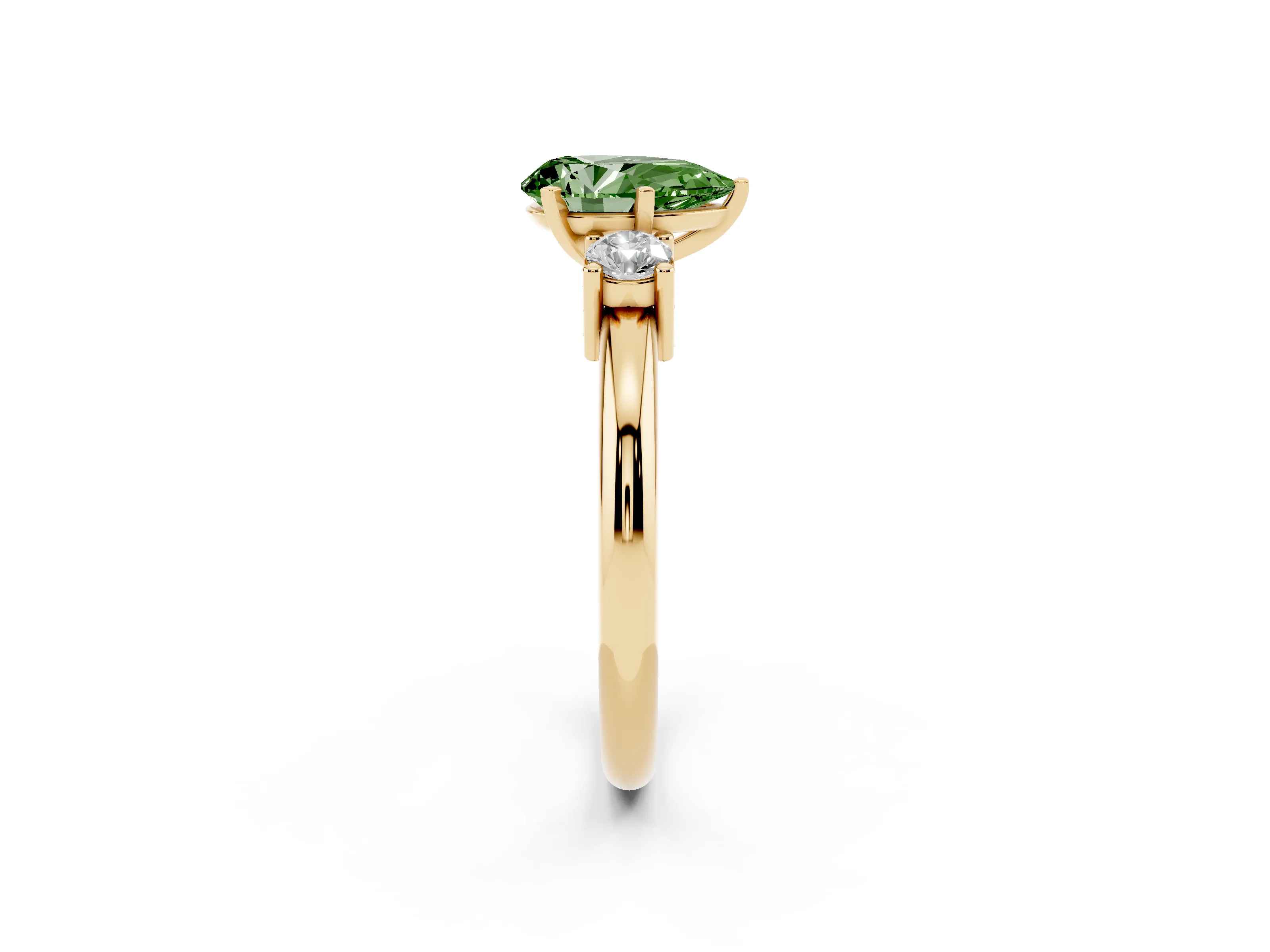 Fancy Green Three-Stone Pear Cut Diamond Ring Set in Yellow gold with Prong Setting and Plain Band