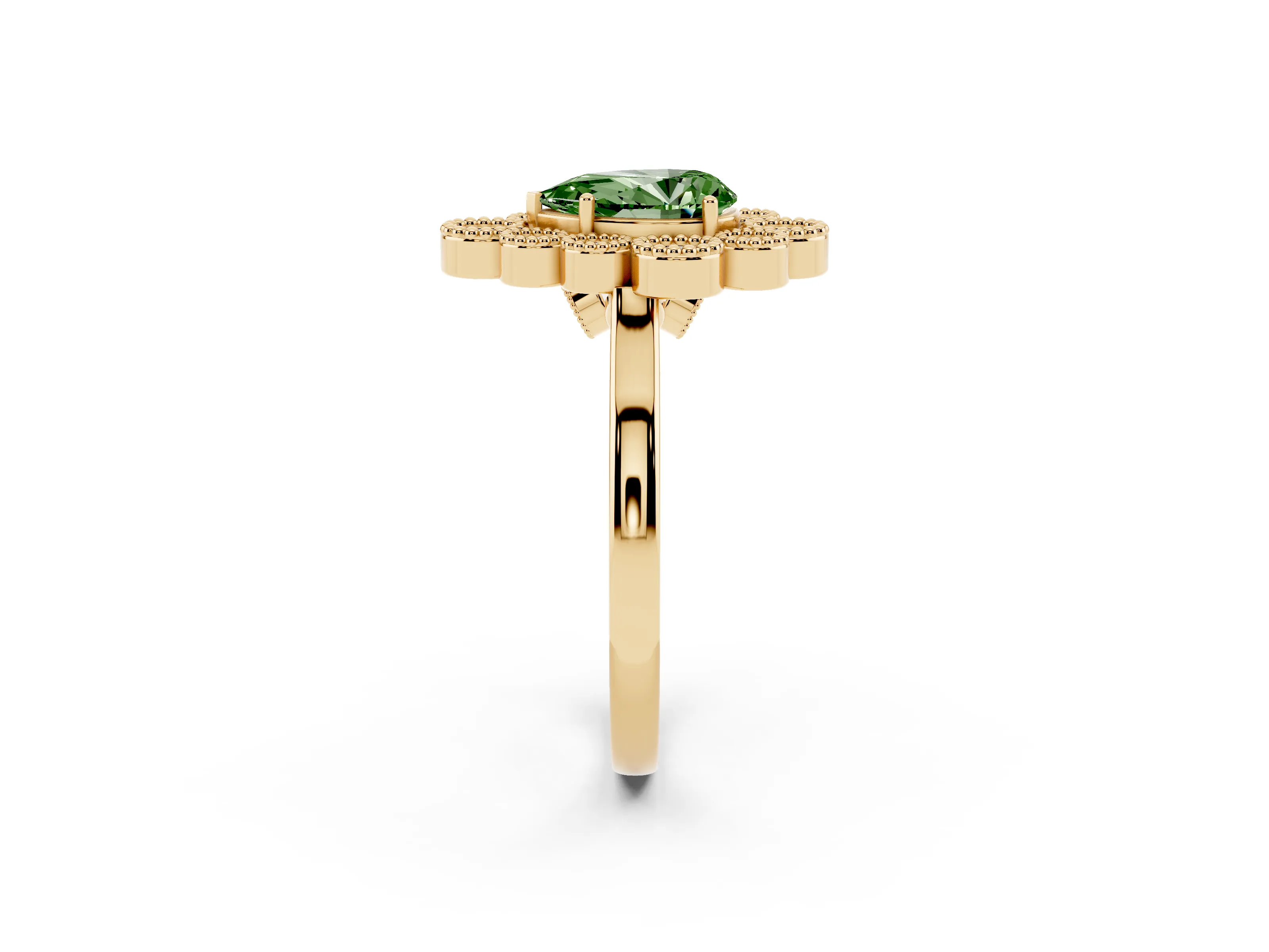 Fancy Green Pear Cut Diamond Cluster Halo Ring Set in Yellow gold with Milgrain Bezel Accents and Plain Band