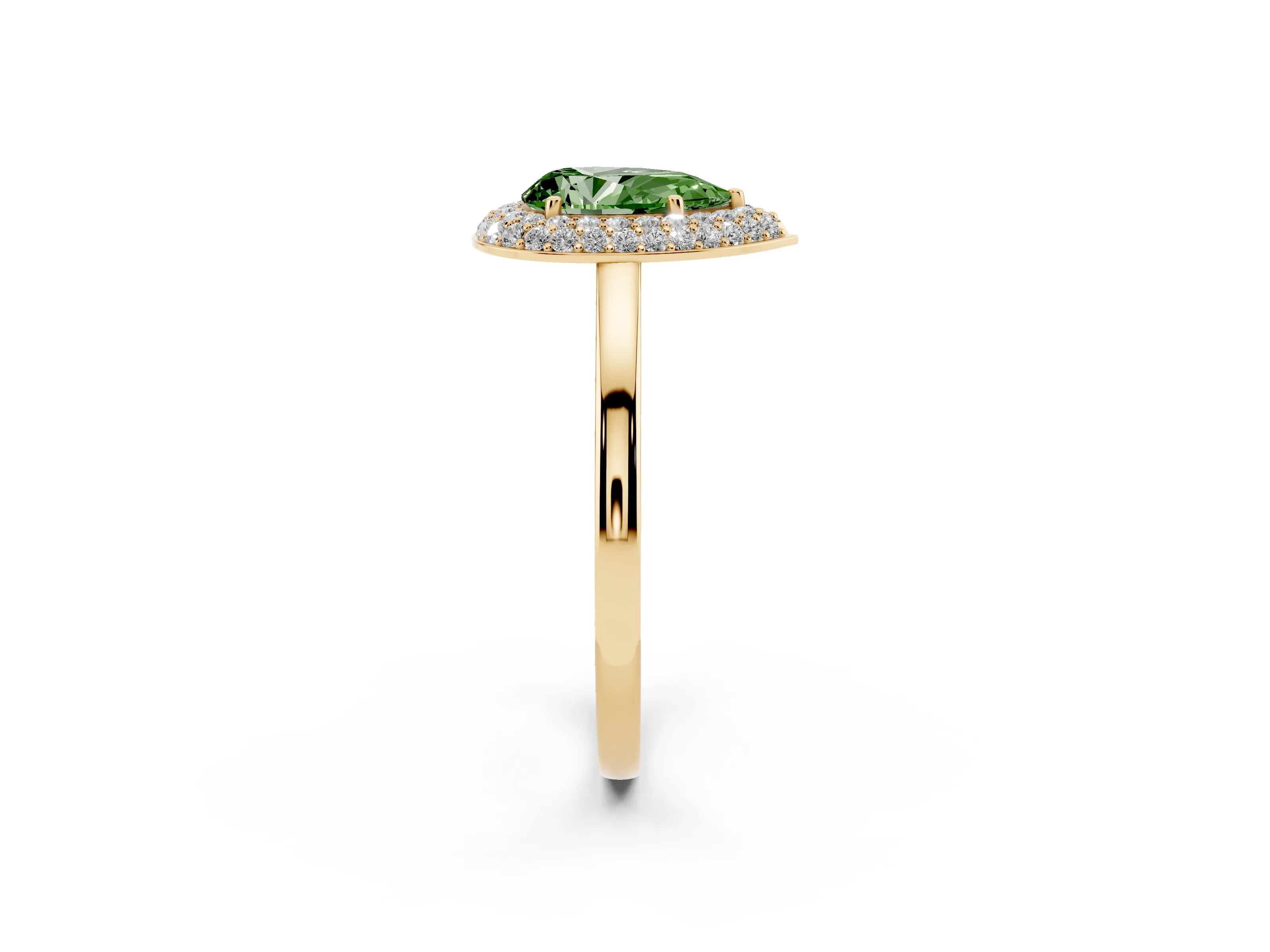 Fancy Green Pear Cut Diamond Halo Engagement Ring Set in Yellow gold with Solitaire Band and Prong Setting
