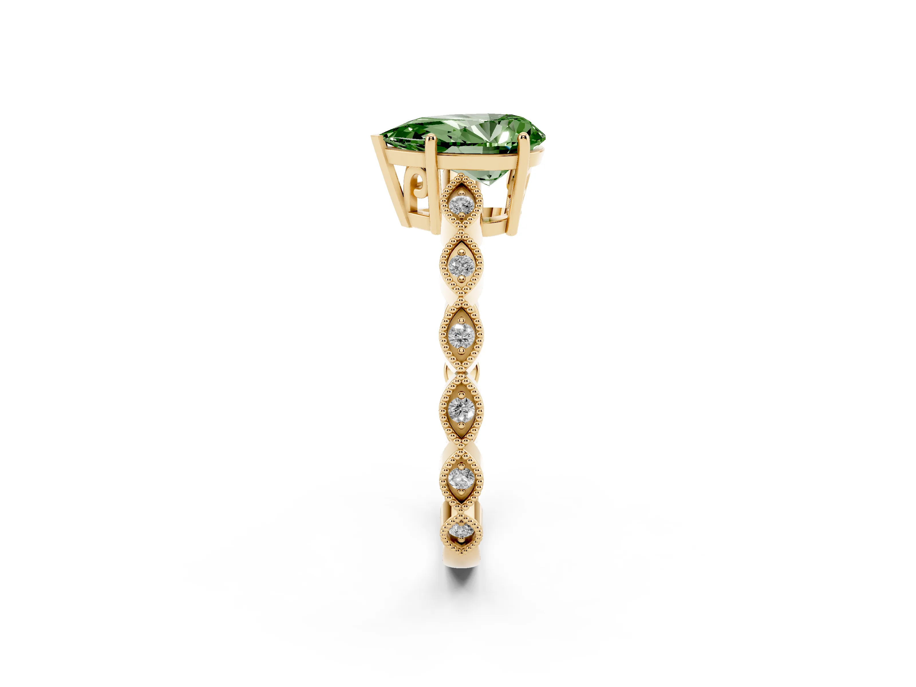 Fancy Green Pear Cut Diamond Solitaire Ring Set in Yellow gold with Infinity Twist Pavé Band